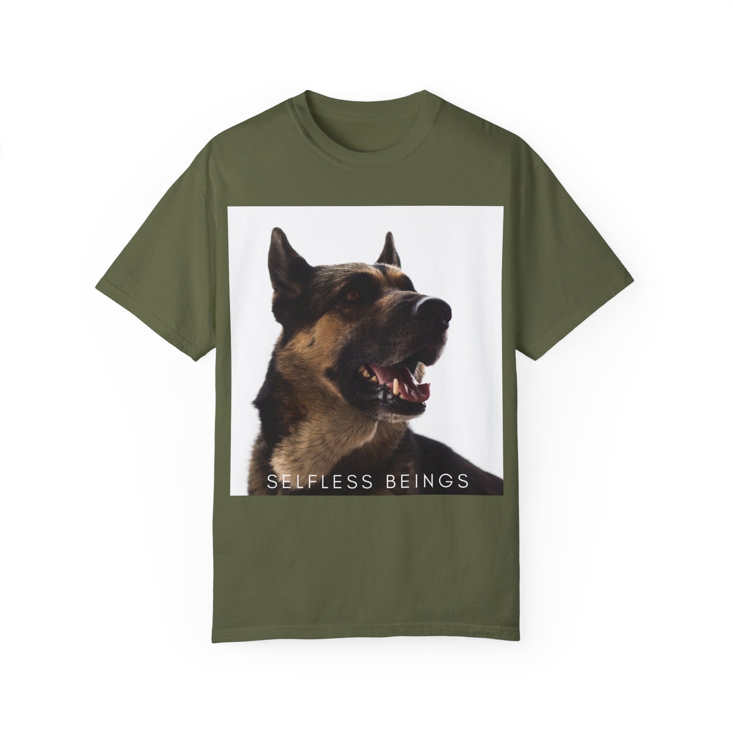 Unisex Dog Lover T-Shirt With Close Up of Large German Shepherd Turning His Face and Caption Selfless Beings