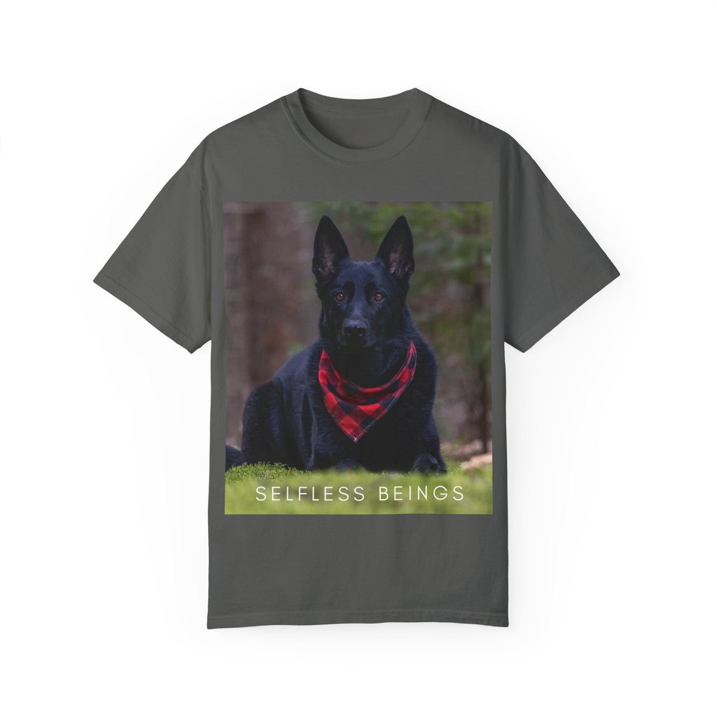 Unisex Dog Lover T-Shirt With a Solid Black German Shepherd Wearing a Red Romal Sitting and Caption Selfless Beings