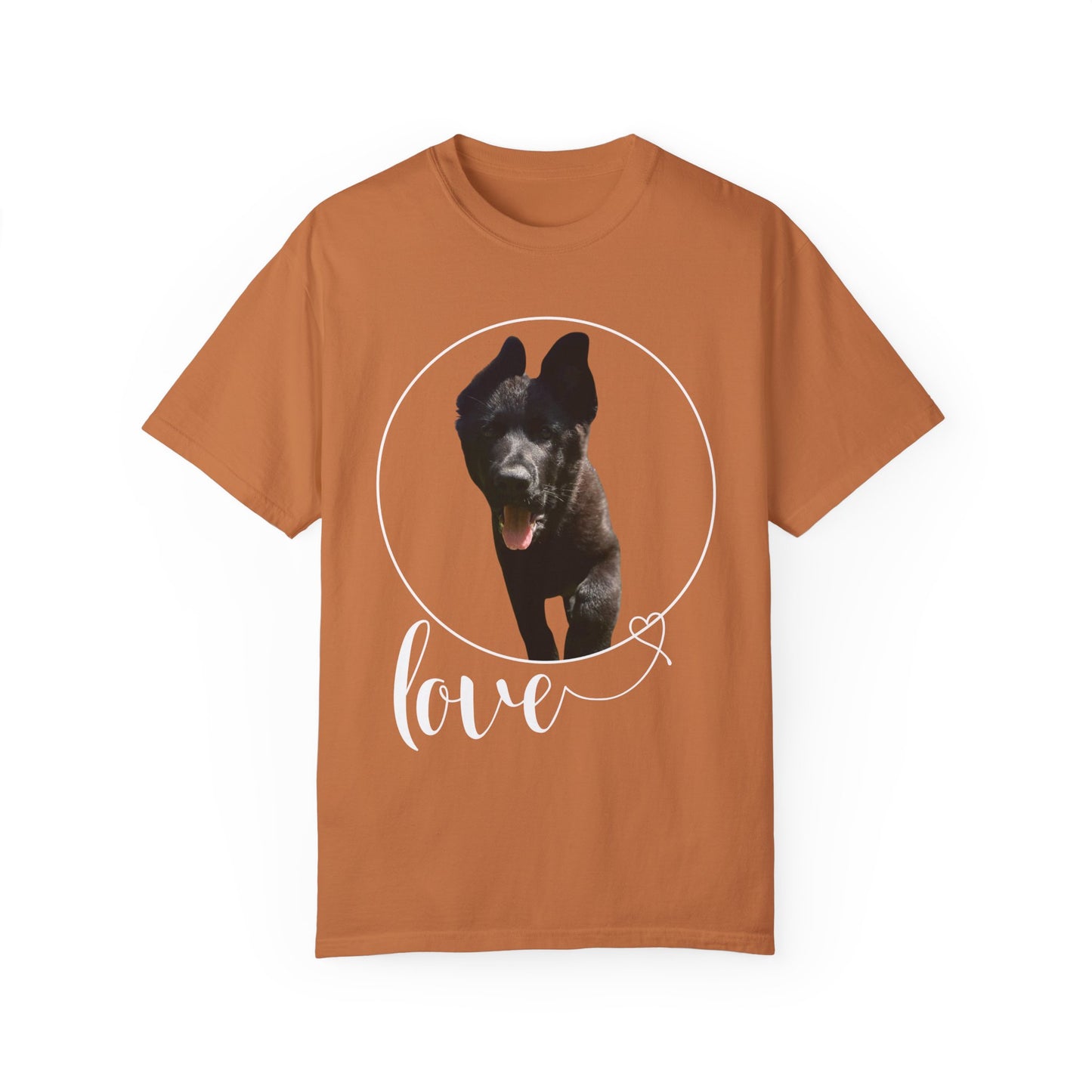 Unisex Dog Lover T-Shirt With Solid Black German Shepherd Walking On a Grass and Text Love