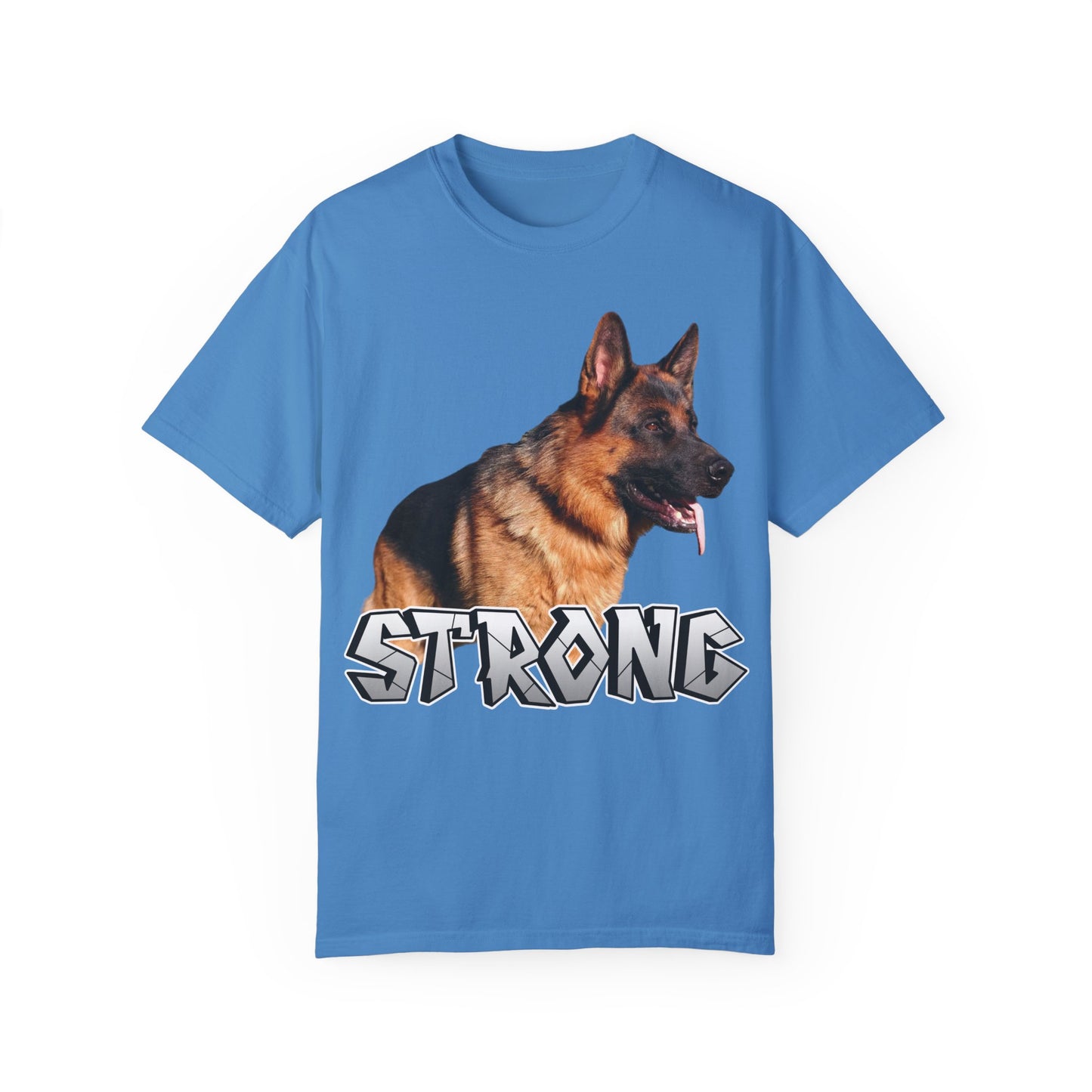 Unisex T-Shirt With German Shepherd Leaving Tongue Out Standing for a Pose and Text STRONG