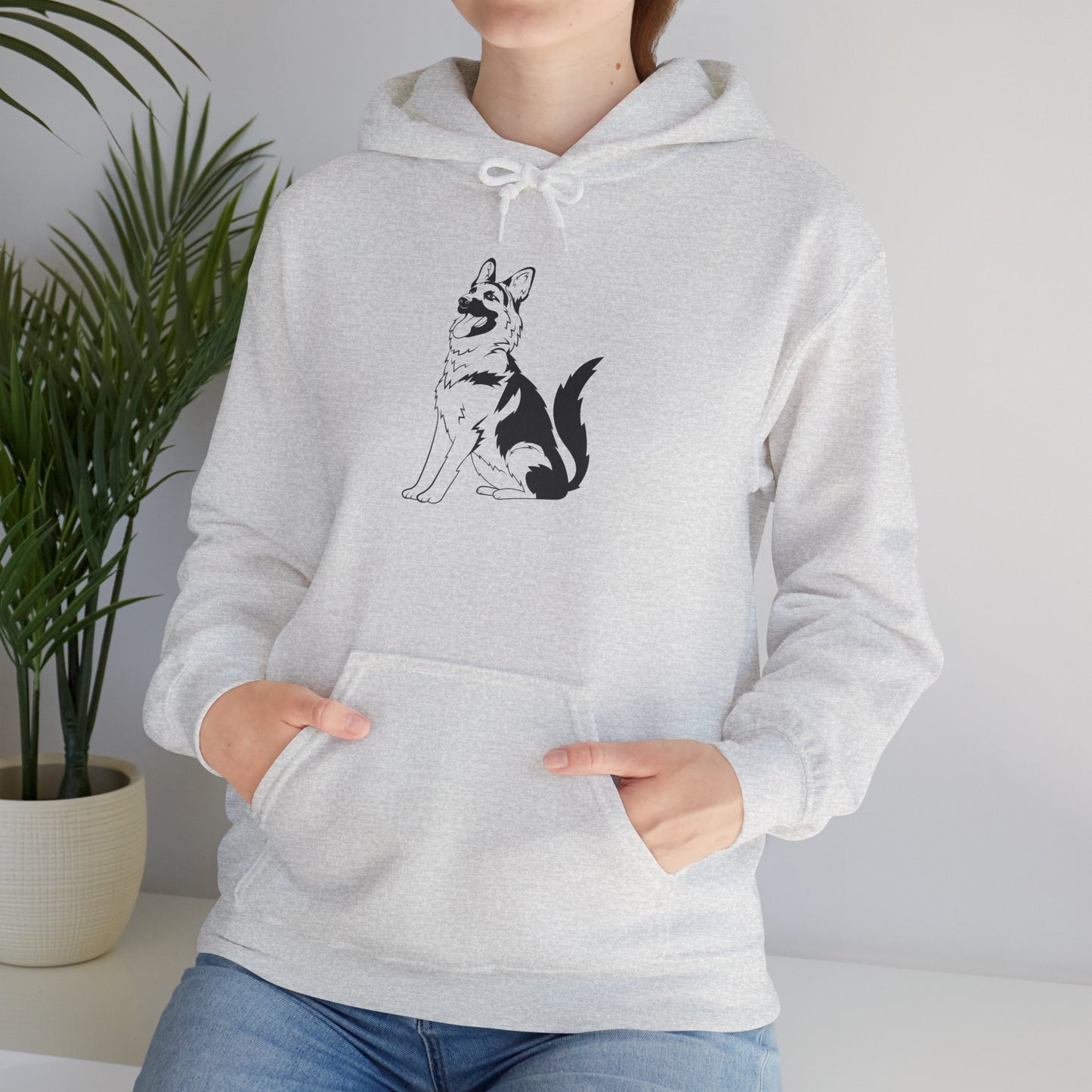 Unisex Dog Lover Hoodie With a Graphic of Black and Transparent German Shepherd Sloppily Sitting