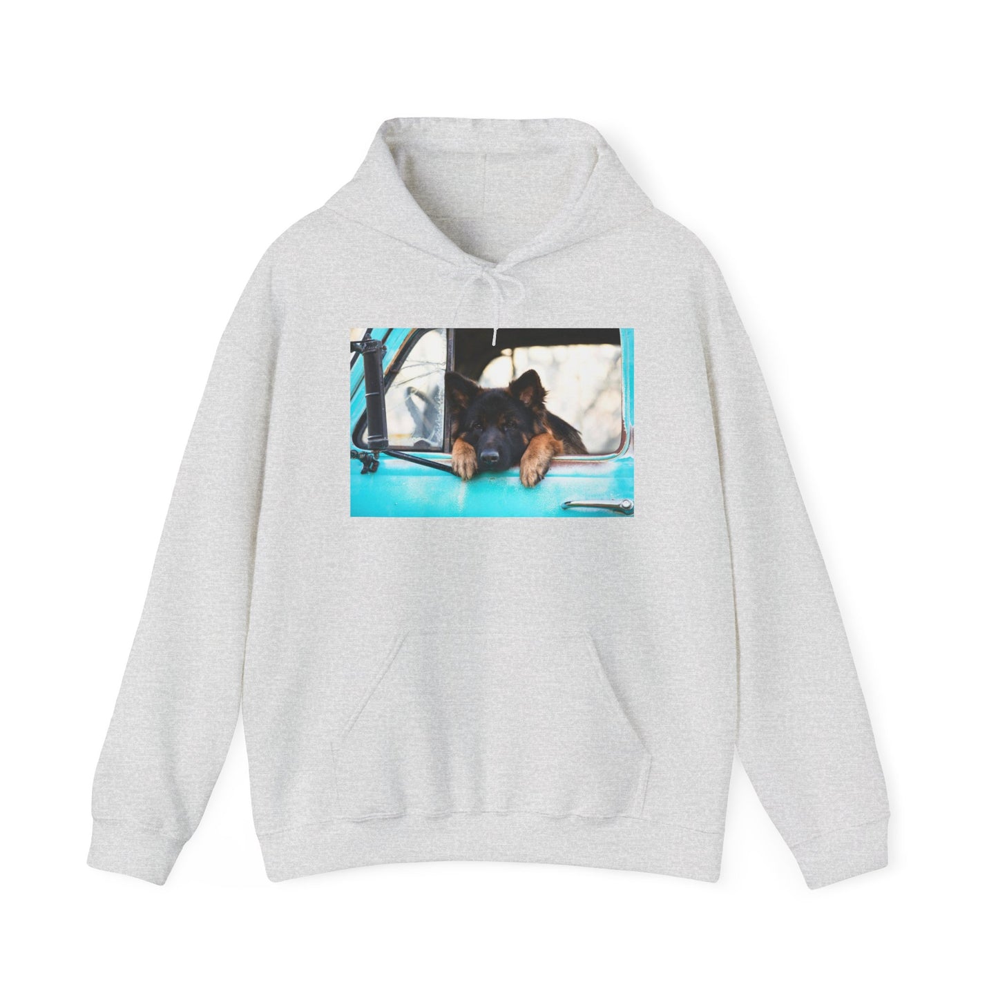 Unisex Dog Lover Hoodie With German Shepherd Puppy Putting His Head and Front Legs On The Truck Seat's Window