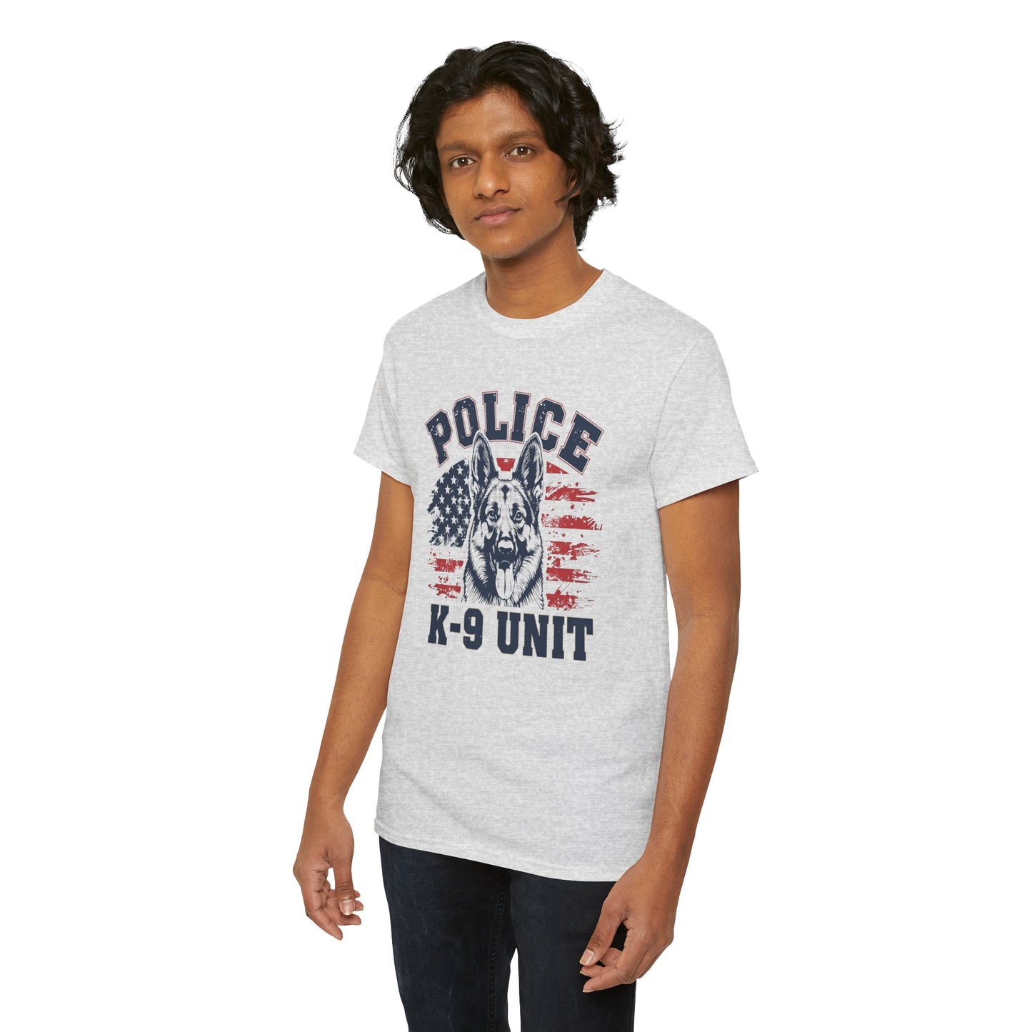 Patriotic Police K-9 Unit T-Shirt With American Flag in Background, Unisex Heavy Cotton Tee