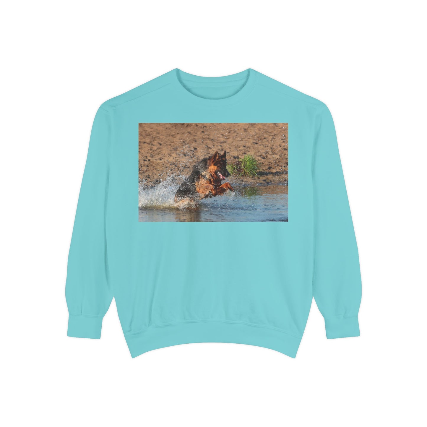 Unisex Dog Lover Sweatshirt With a Long Coat German Shepherd Jumps in the River