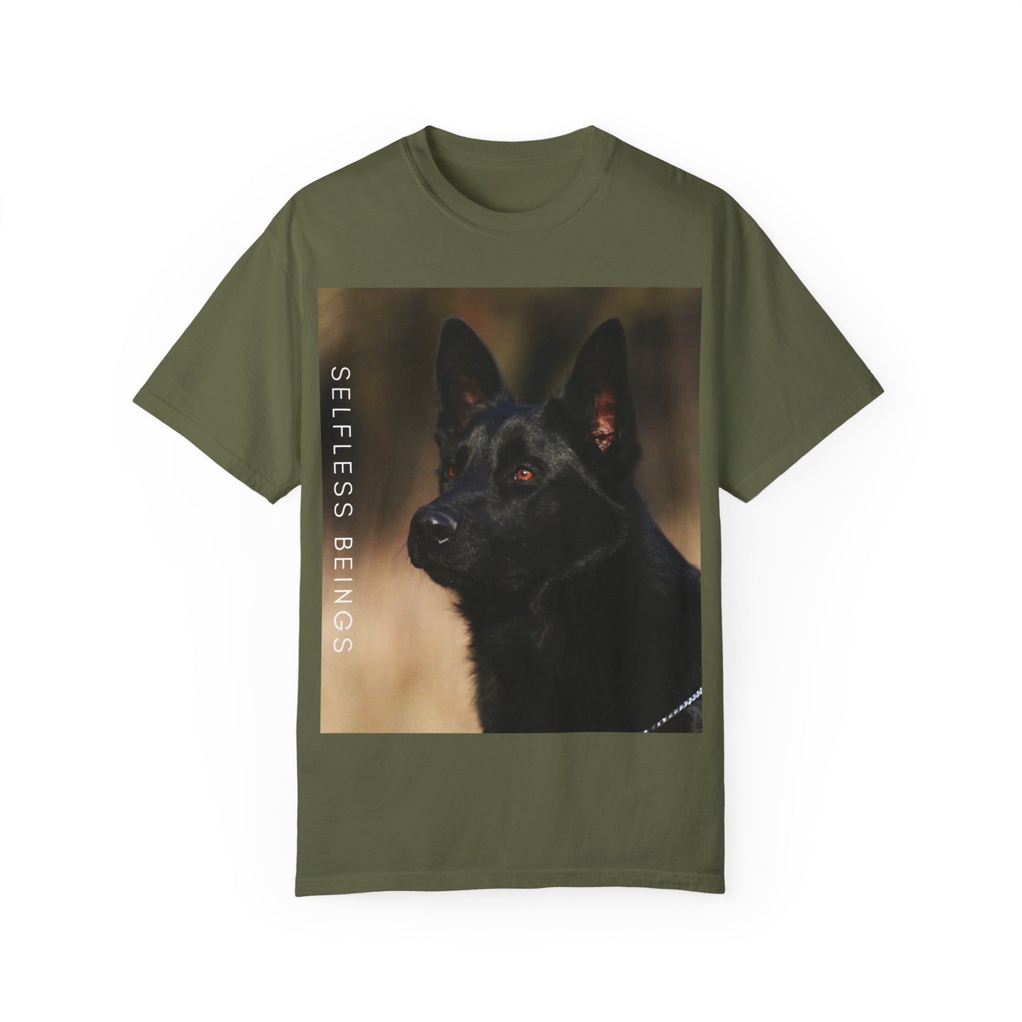Unisex Dog Lover T-Shirt With Close Up of Serious Looking Solid Black German Shepherd and Caption Selfless Beings