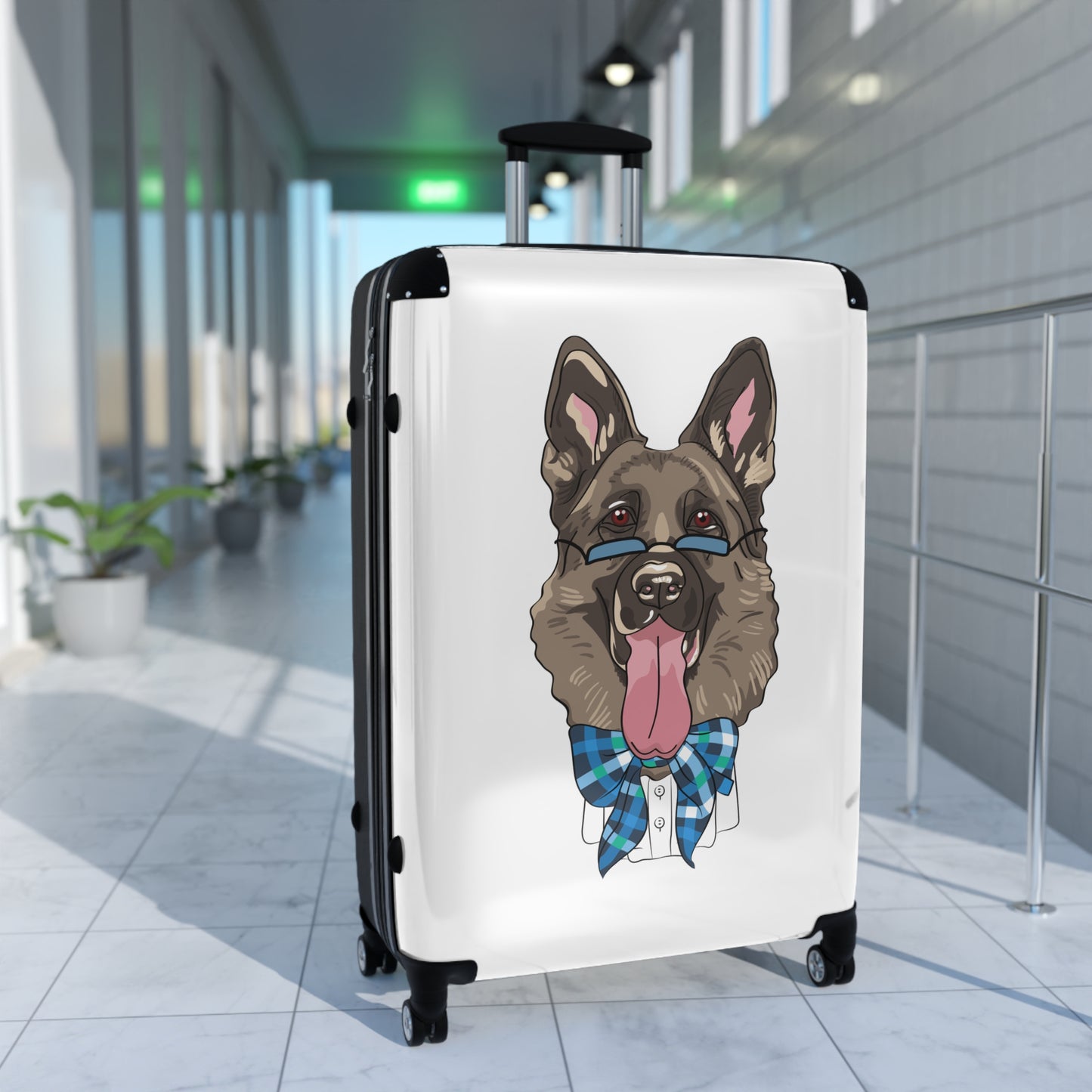Stylish Pet-Lover Suitcase - Funny German Shepherd Wearing Blue Glasses and Bow Tie Leaving Tongue Out