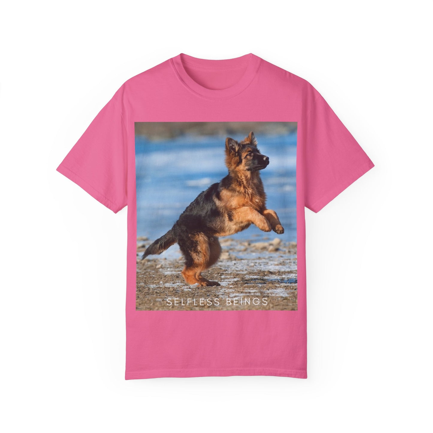 Unisex Dog Lover T-Shirt With Gorgeous German Shepherd Puppy Standing on Back Legs at Seashore and Caption Selfless Beings