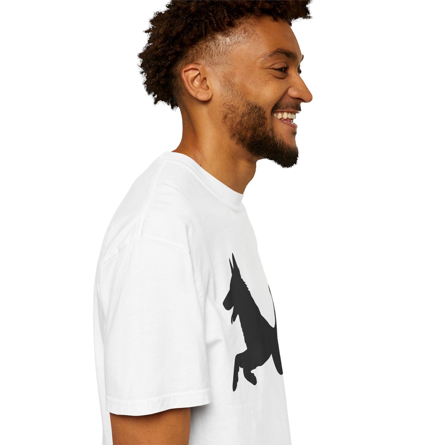 Unisex Dog Lover T-Shirt With a Graphic of Solid Black German Shepherd Jumping in the Air