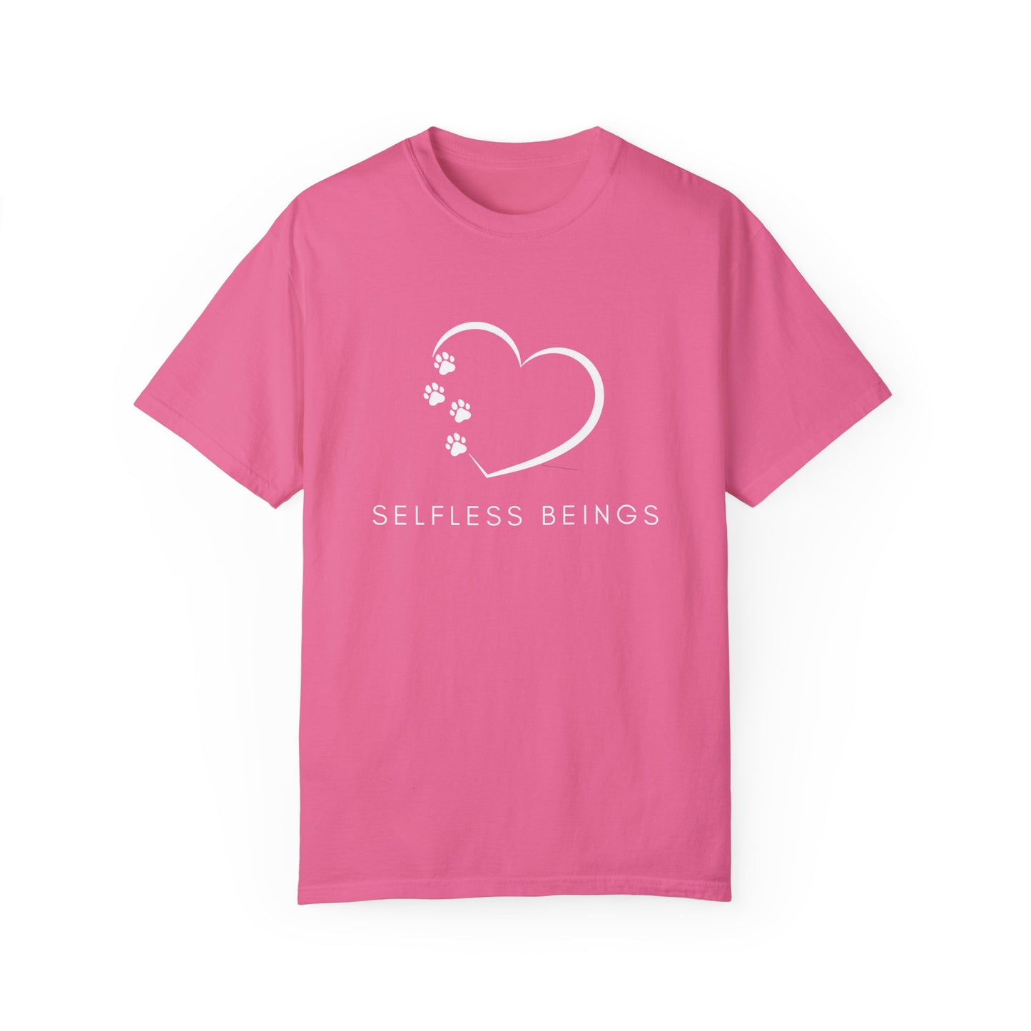 Unisex Dog Lover T-Shirt With White Tilted Heart Whose One Side is Made With Dog Paw Prints and Caption Selfless Beings