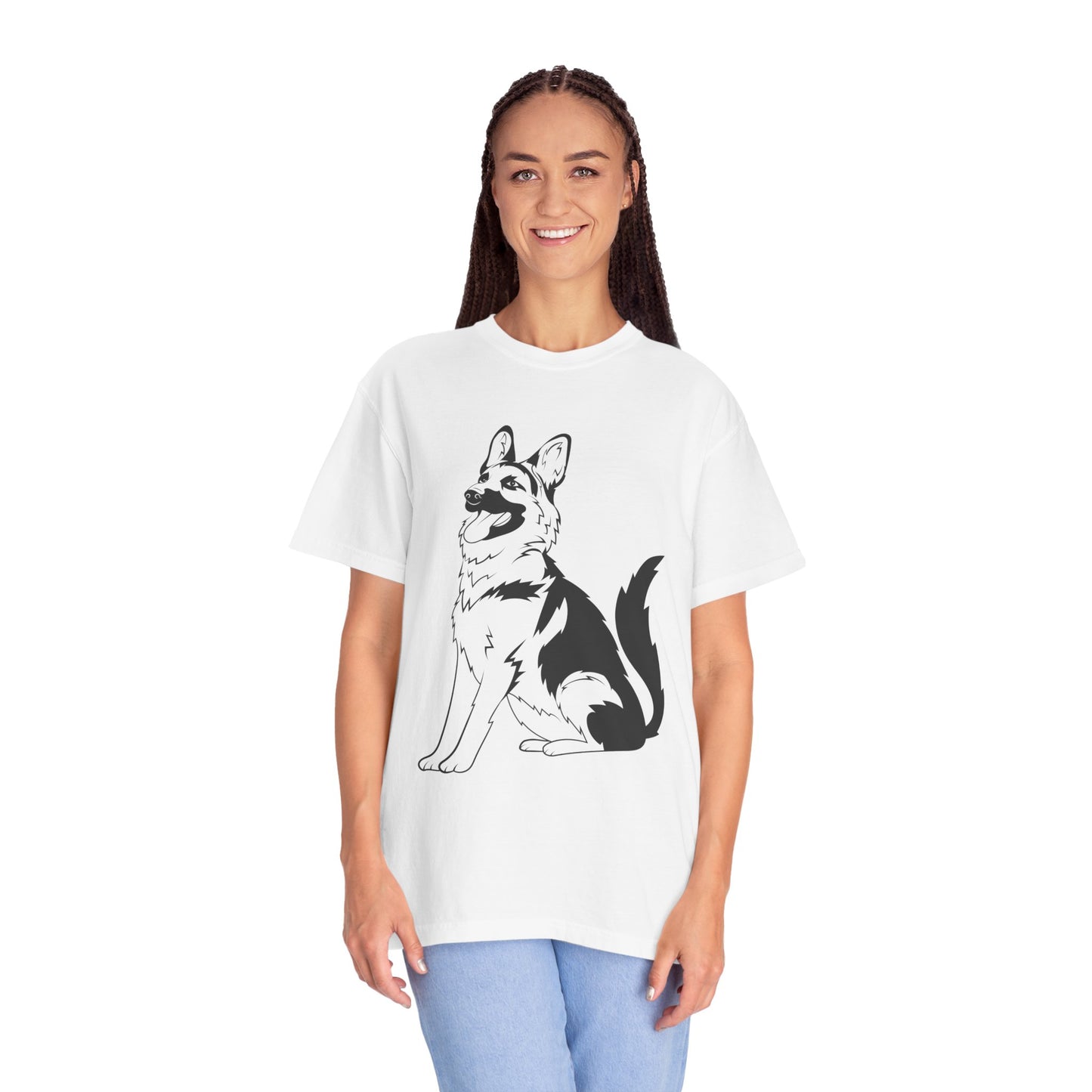 Unisex Dog Lover T-Shirt With a Graphic of Black and Transparent German Shepherd Sloppily Sitting