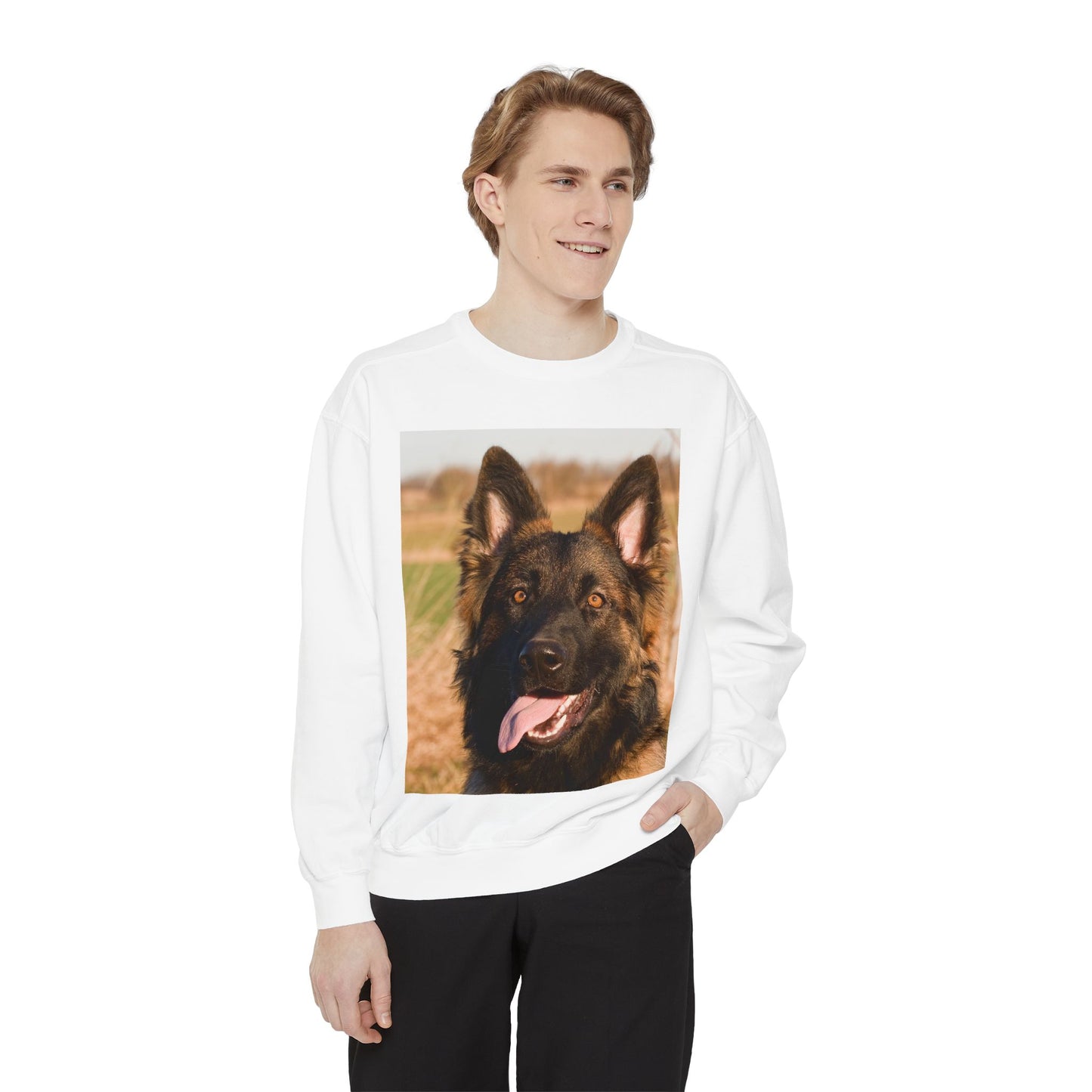Unisex Dog Lover Sweatshirt With Close Up of Long Coat German Shepherd Sticking Tongue Out