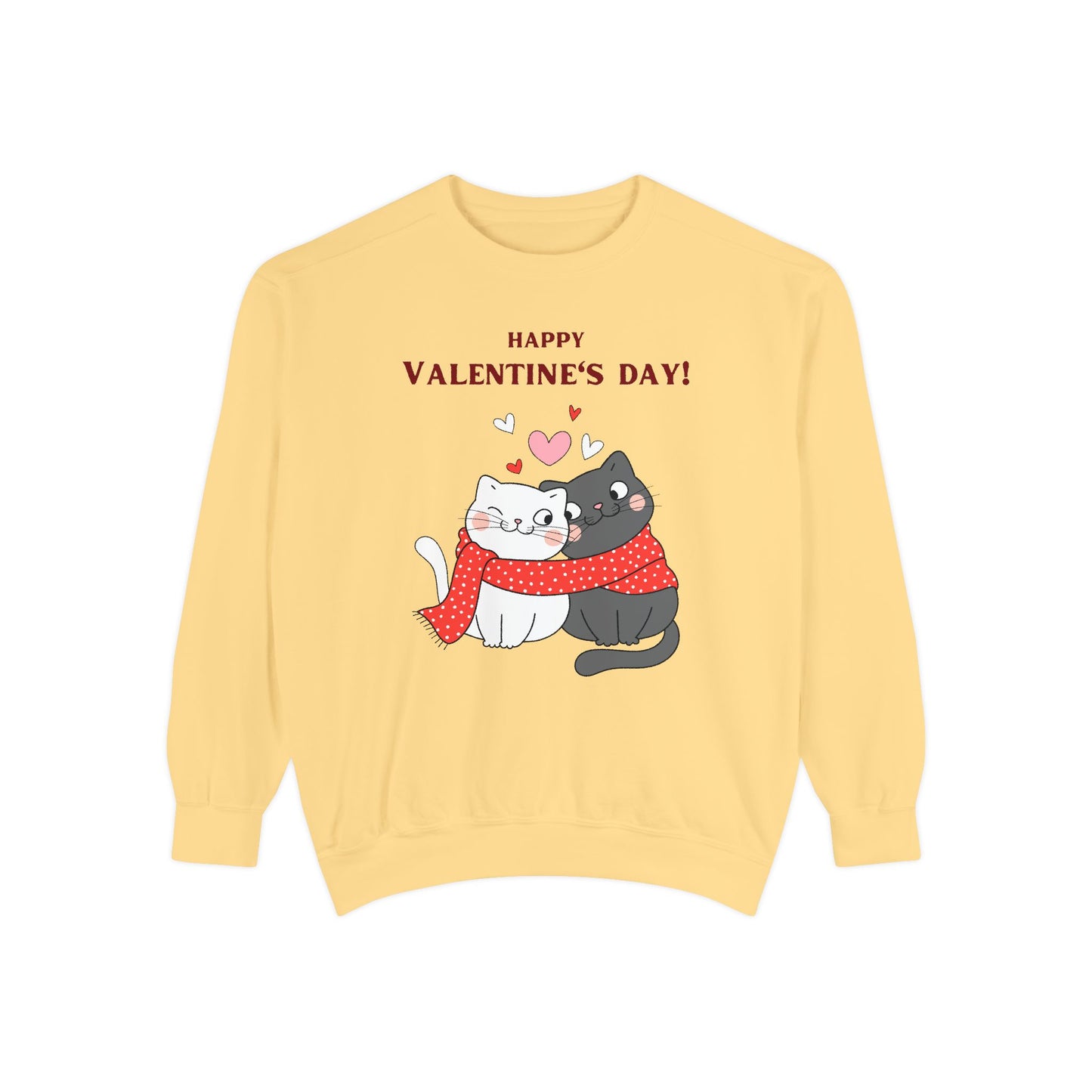 Unisex Valentine's Day Sweatshirt With Black and Grey Cat Couple and Caption Happy Valentine's Day
