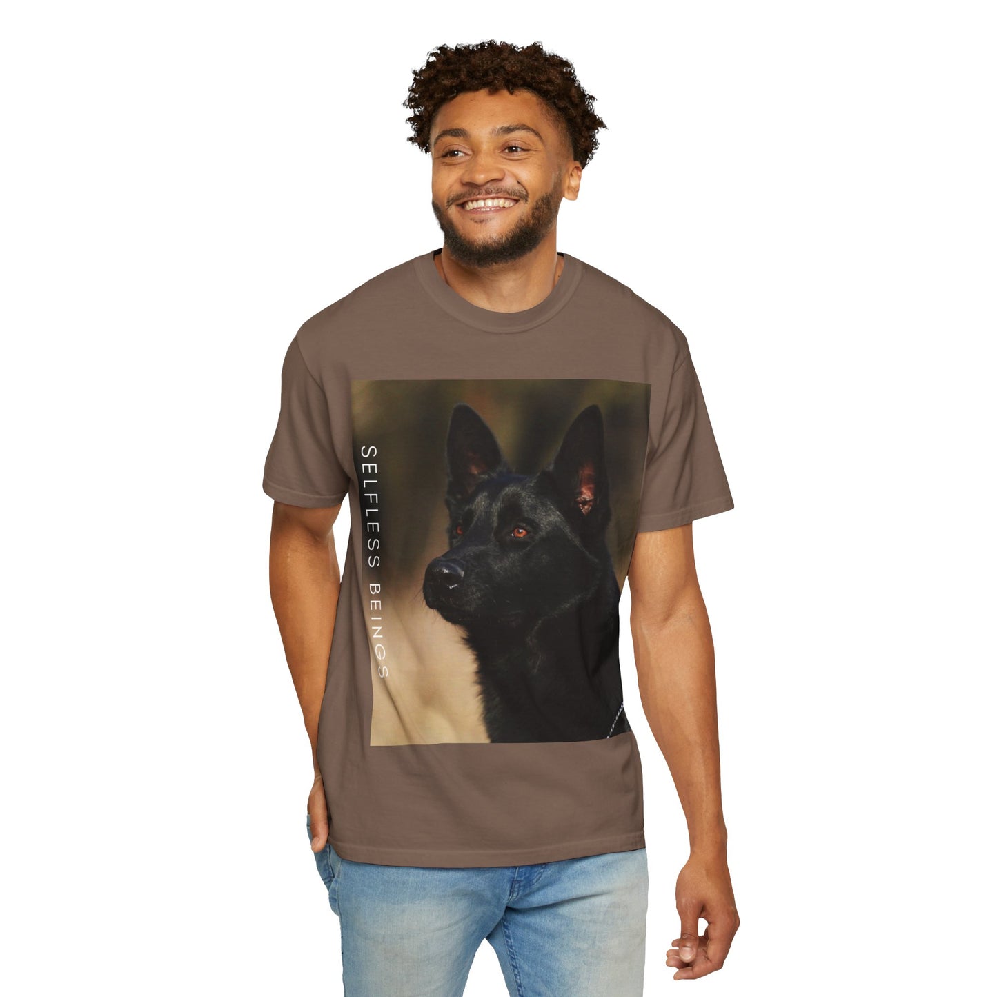 Unisex Dog Lover T-Shirt With Close Up of Serious Looking Solid Black German Shepherd and Caption Selfless Beings