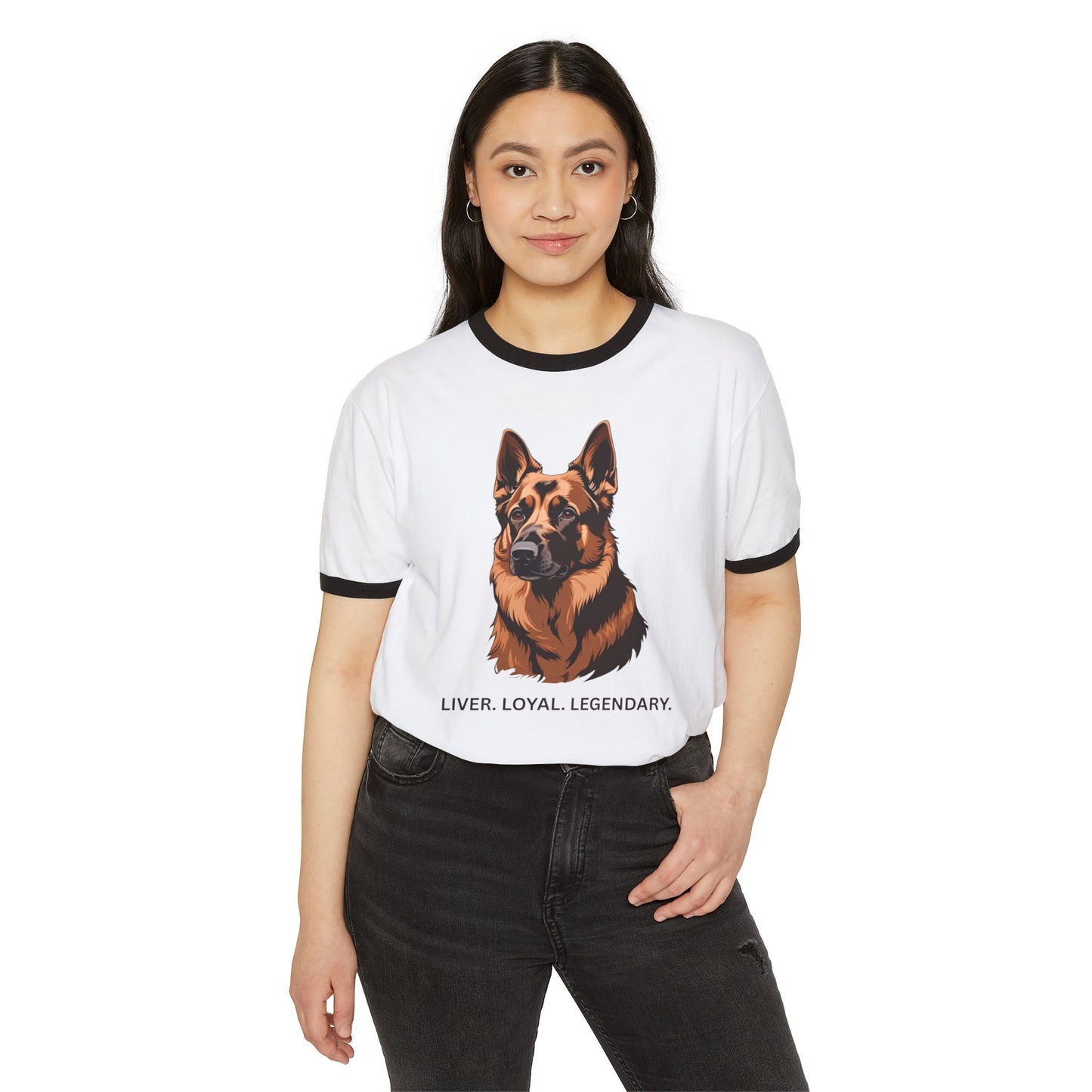 Liver German Shepherd Ringer Tee - Liver Loyal Legendary, Unisex Cotton T-Shirt for Dog Lovers, Pet Owner Gift, Casual Wear, Birthday Present, Animal Enthusiast Apparel