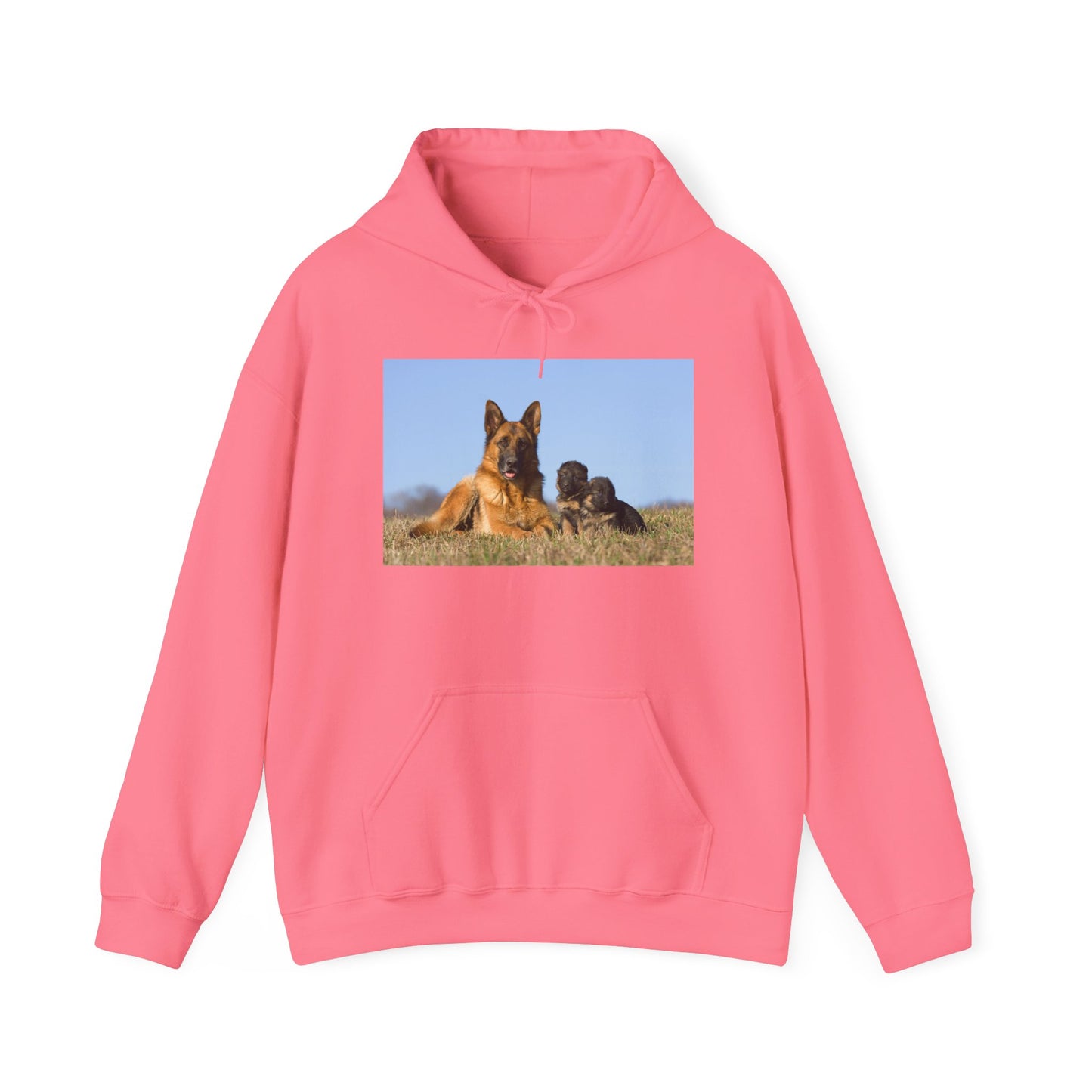A Unisex Dog Lover Hoodie With a German Shepherd Lying on the Grass With Two Puppies
