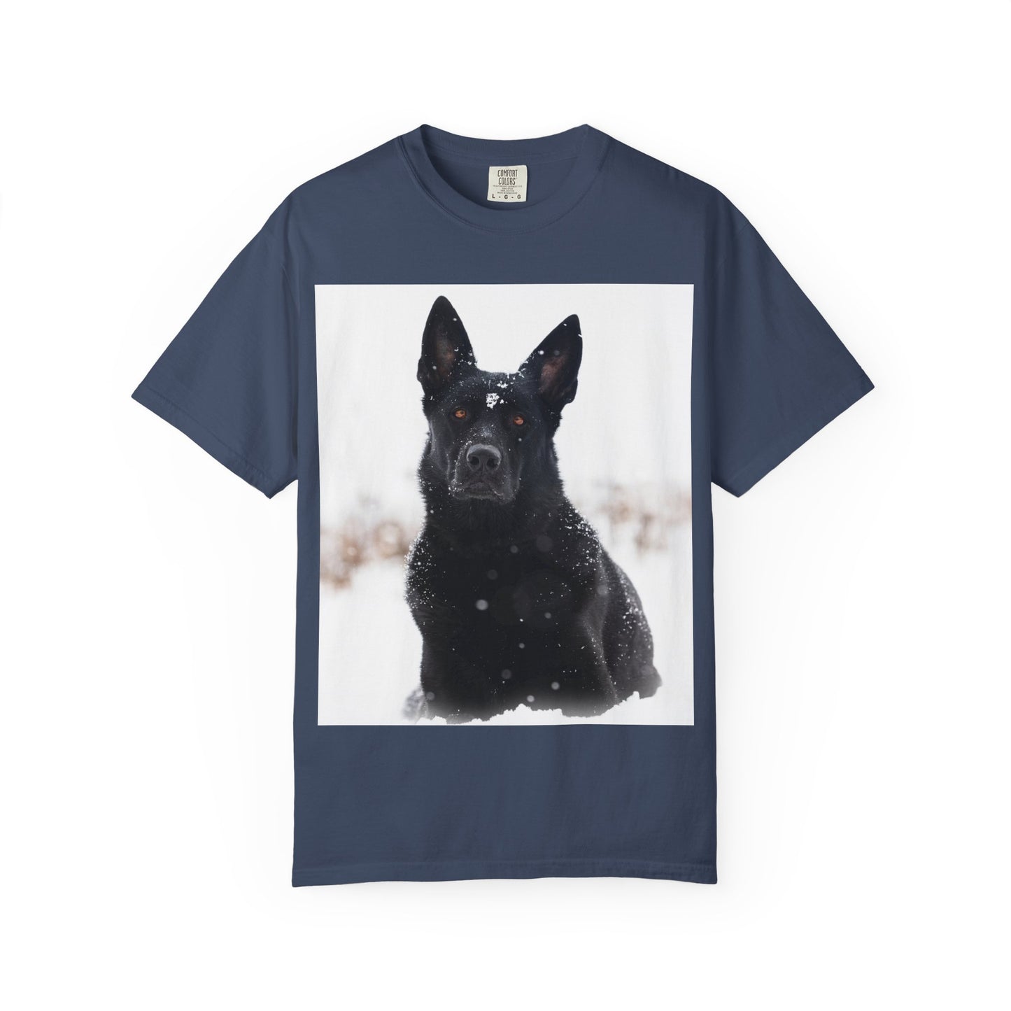 Unisex Dog Lover T-Shirt Featuring a Giant Black Working Line German Shepherd in the Snow