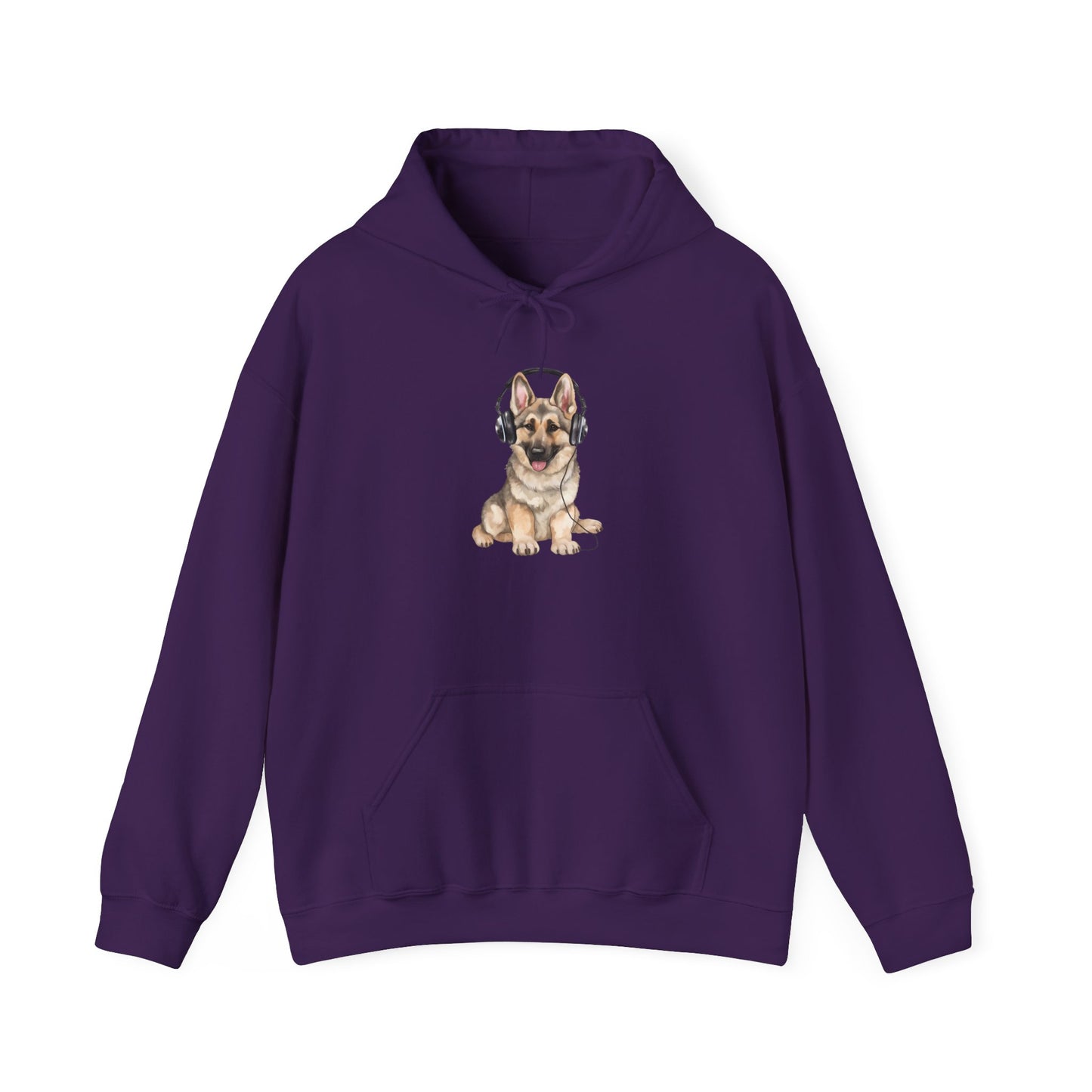 Unisex Dog Lover Hoodie With a German Shepherd Wearing Headphones Enjoying Music