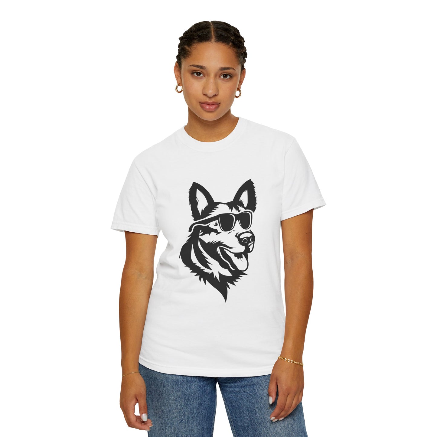 Unisex Dog Lover T-Shirt With a Graphic of Close Up Faced German Shepherd Wearing Black Glasses