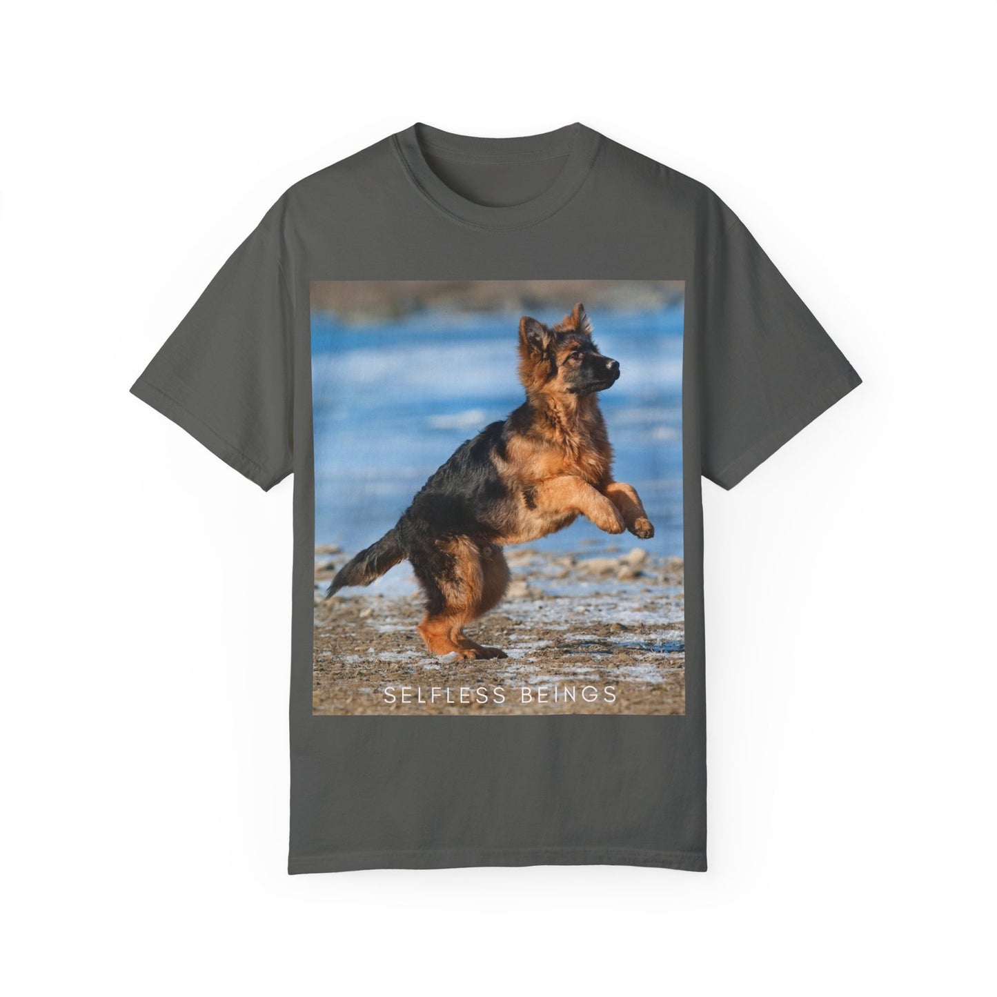 Unisex Dog Lover T-Shirt With Gorgeous German Shepherd Puppy Standing on Back Legs at Seashore and Caption Selfless Beings