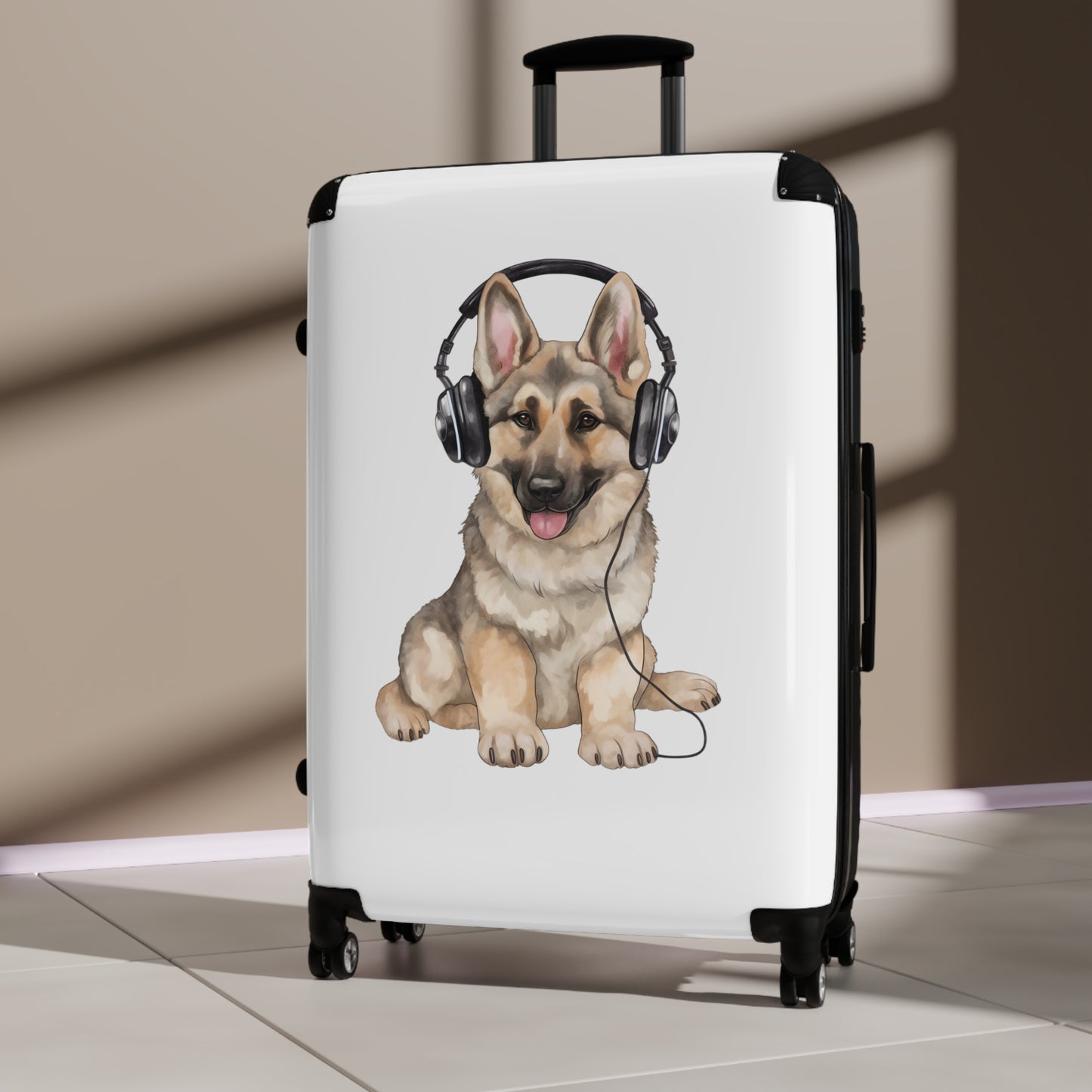 Travel Suitcase Featuring Graphic of German Shepherd Wearing Headphones Enjoying Music