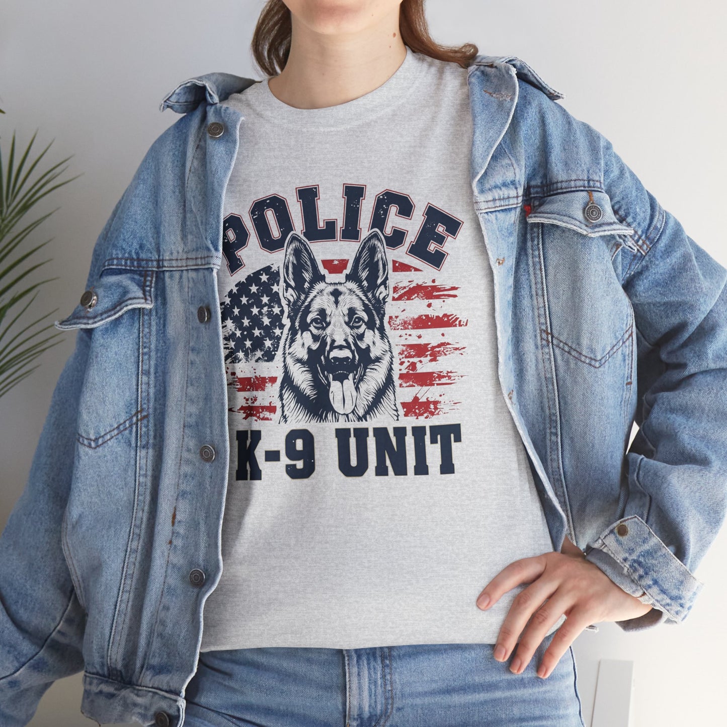 Patriotic Police K-9 Unit T-Shirt With American Flag in Background, Unisex Heavy Cotton Tee
