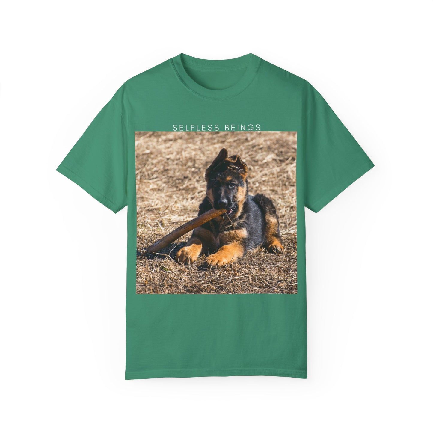 Unisex Dog Lover T-Shirt With a German Shepherd Puppy Playing With Wooden Stick on Dry Grass and Caption Selfless Beings