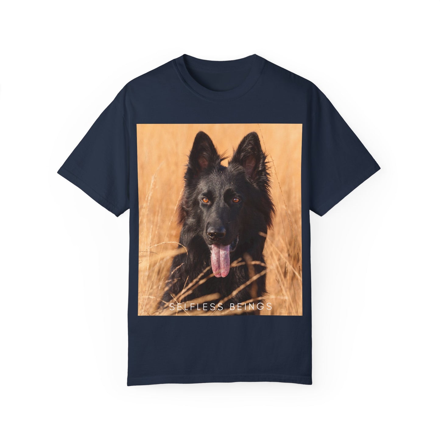 Unisex Dog Lover T-Shirt With Solid Black German Shepherd in the Middle of Long Dry Grass Leaving Tongue and Caption Selfless Beings
