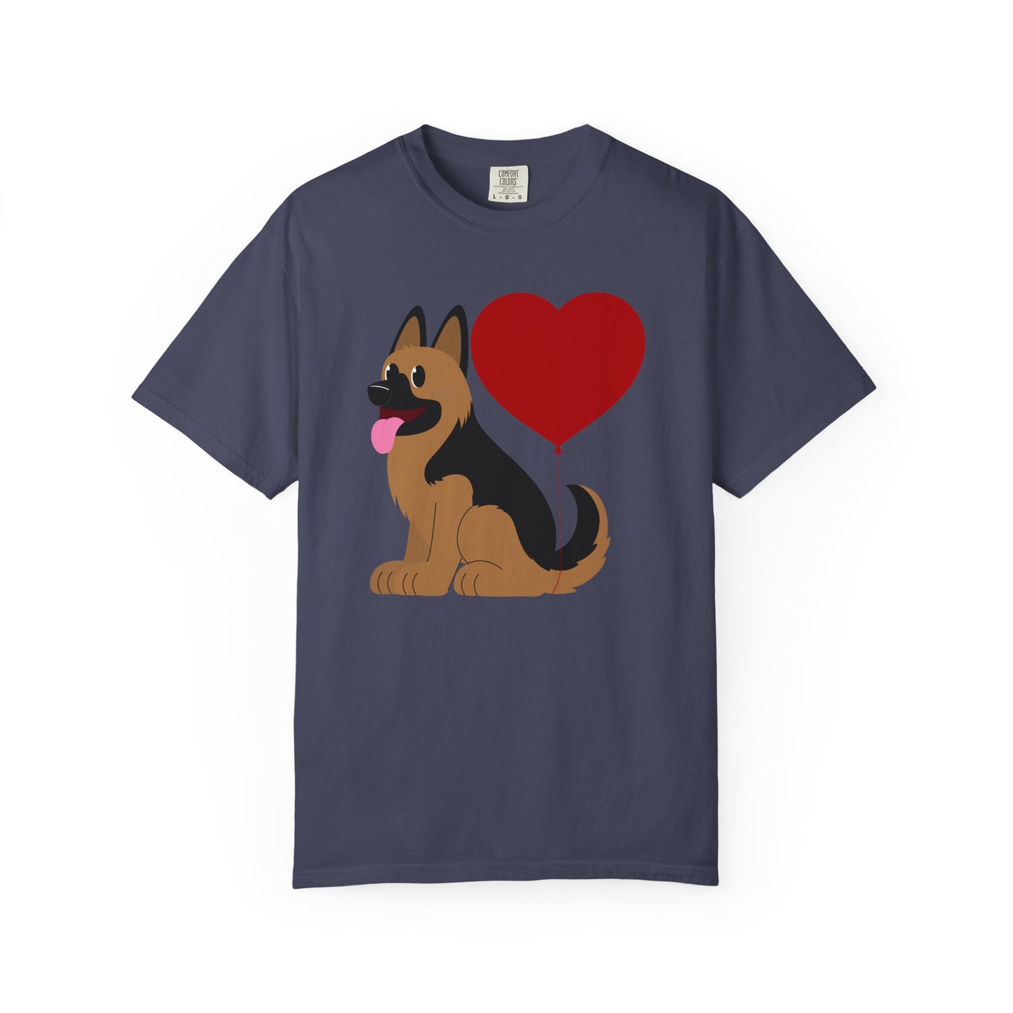 Unisex Dog Lover T-Shirt With a Graphic of German Shepherd Puppy and Heart Shaped Balloon Attached With Tail