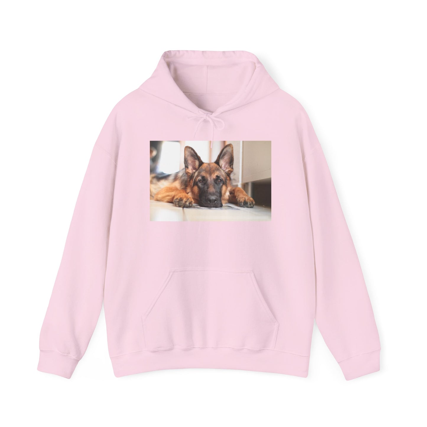 A Unisex Hoodie With a German Shepherd Lying His Head on the Floor
