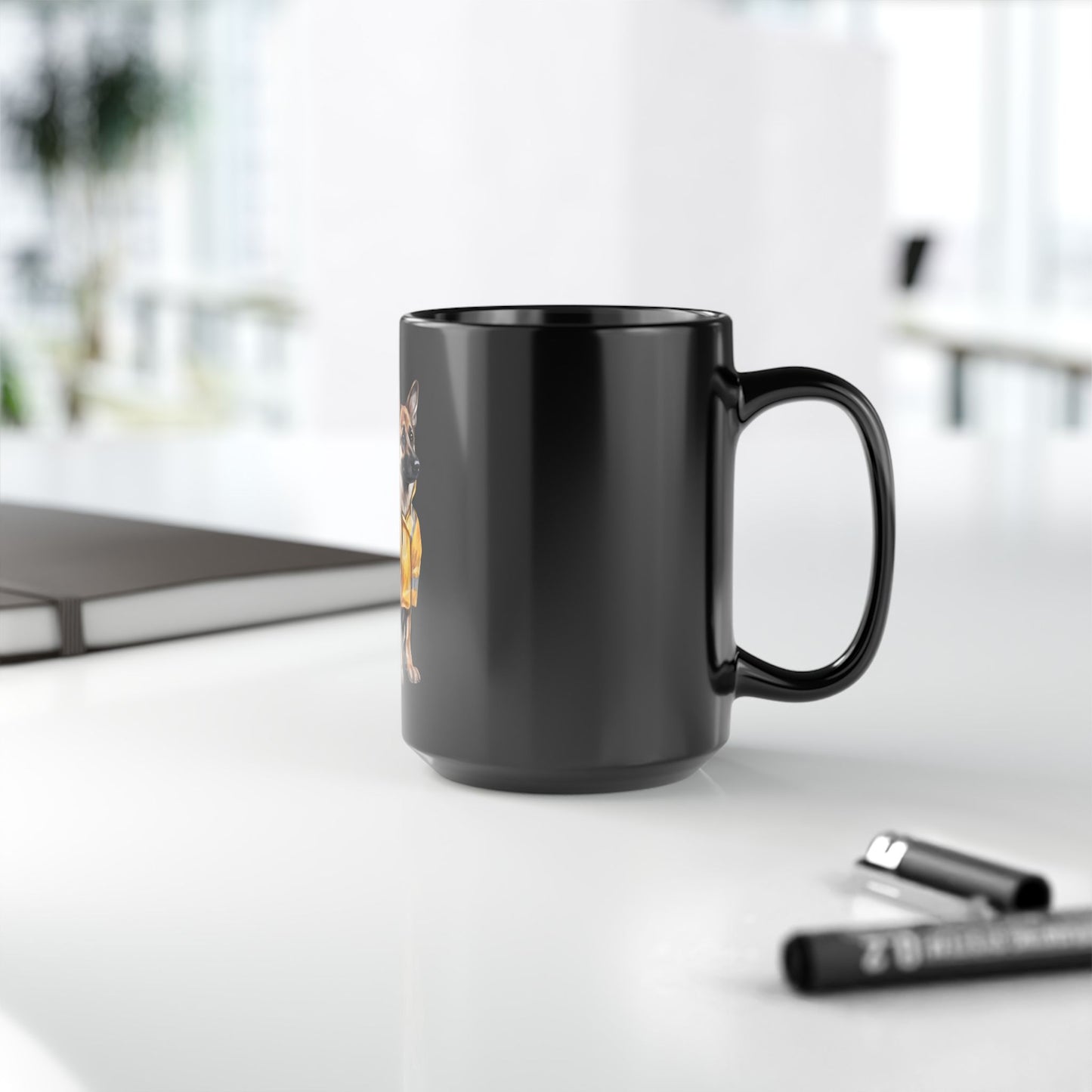 Black Coffee Mug 15oz With a Graphic of German Shepherd Wearing a Yellow Rain Coat
