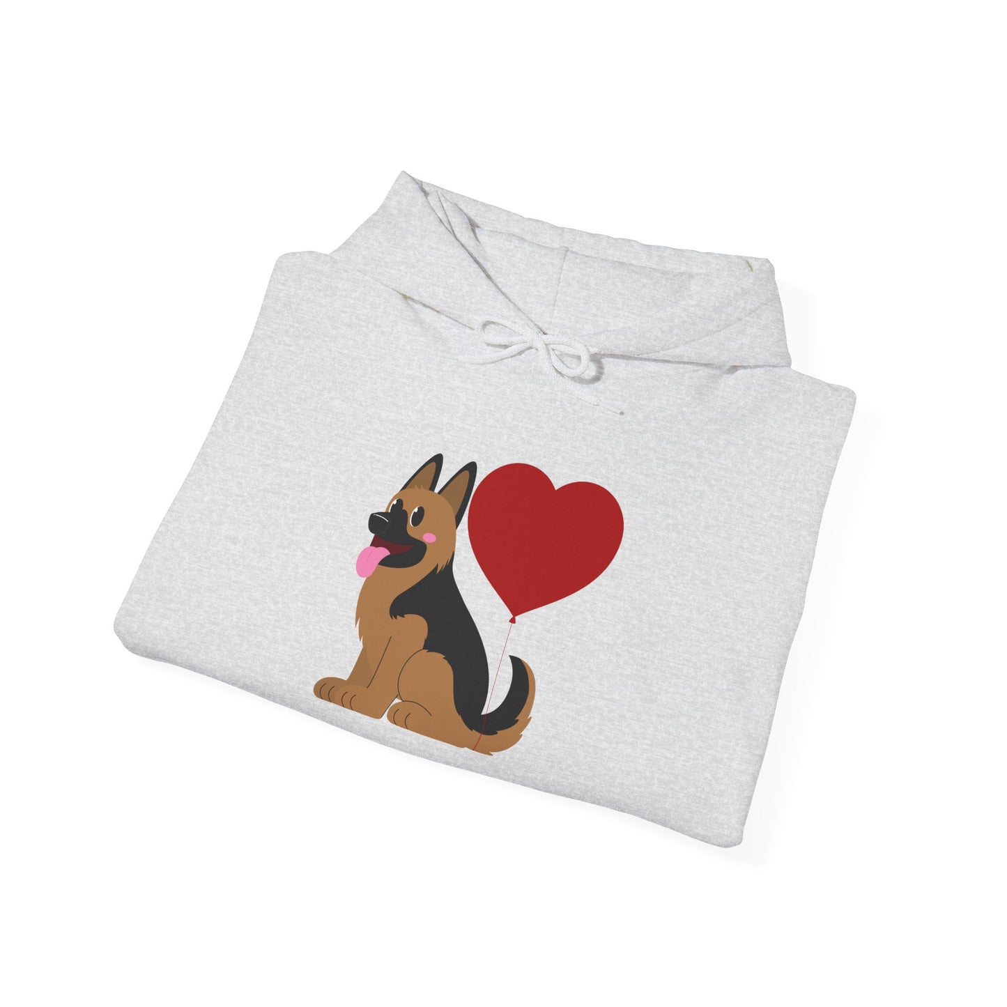 Unisex Dog Lover Hoodie With a Graphic of German Shepherd Puppy and Heart Shaped Balloon Attached With Tail