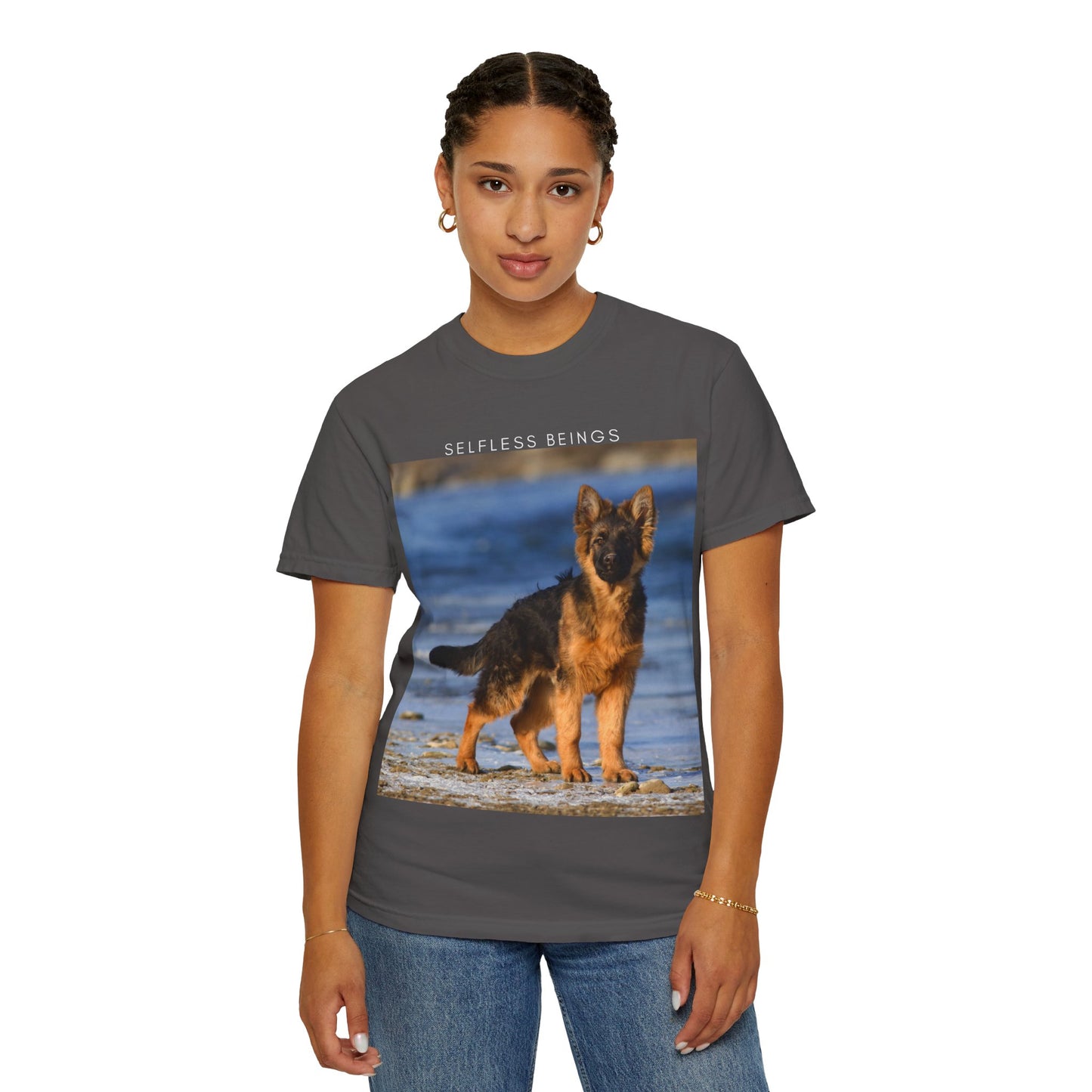 Unisex Dog Lover T-Shirt With German Shepherd Puppy Standing at the Sea Shore and Caption Selfless Beings