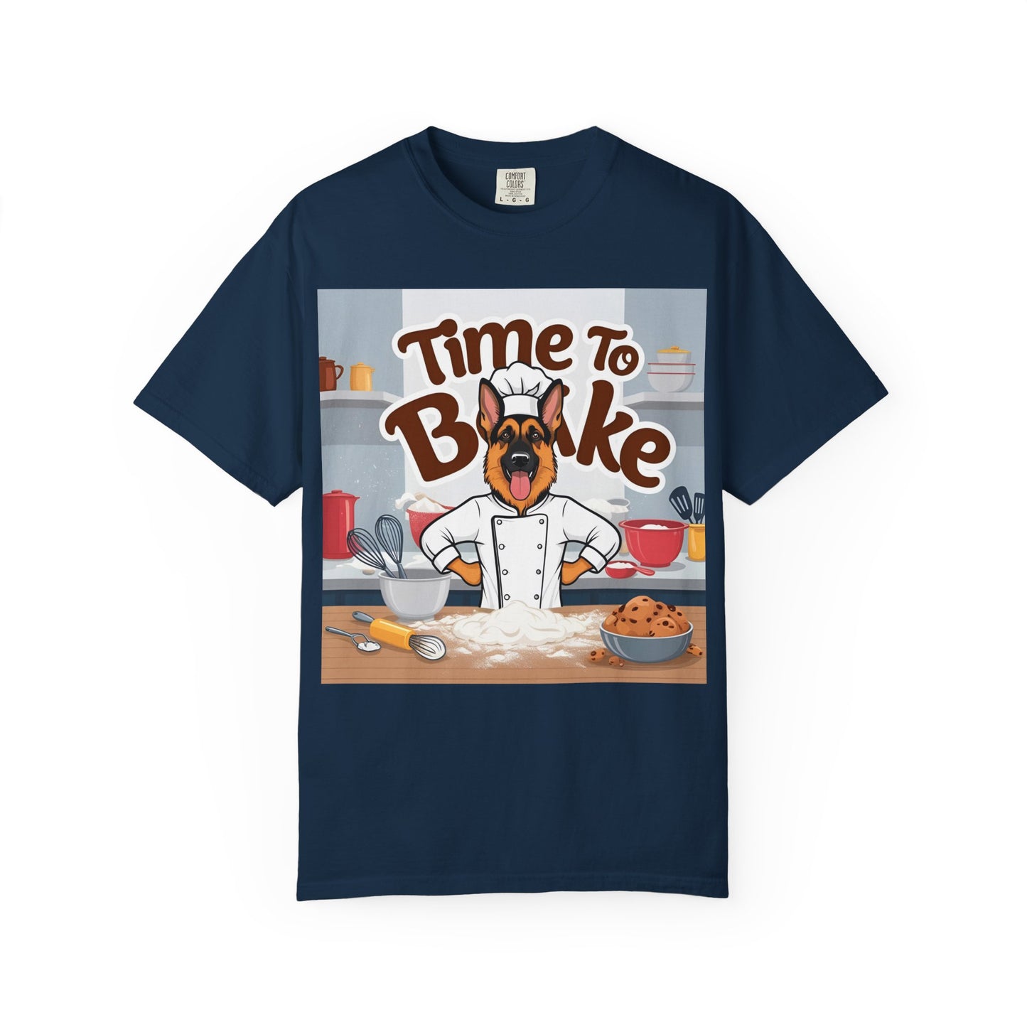 Unisex Dog Lover T-Shirt With Graphic of German Shepherd Wearing Chef Suit and Caption Time To Bake