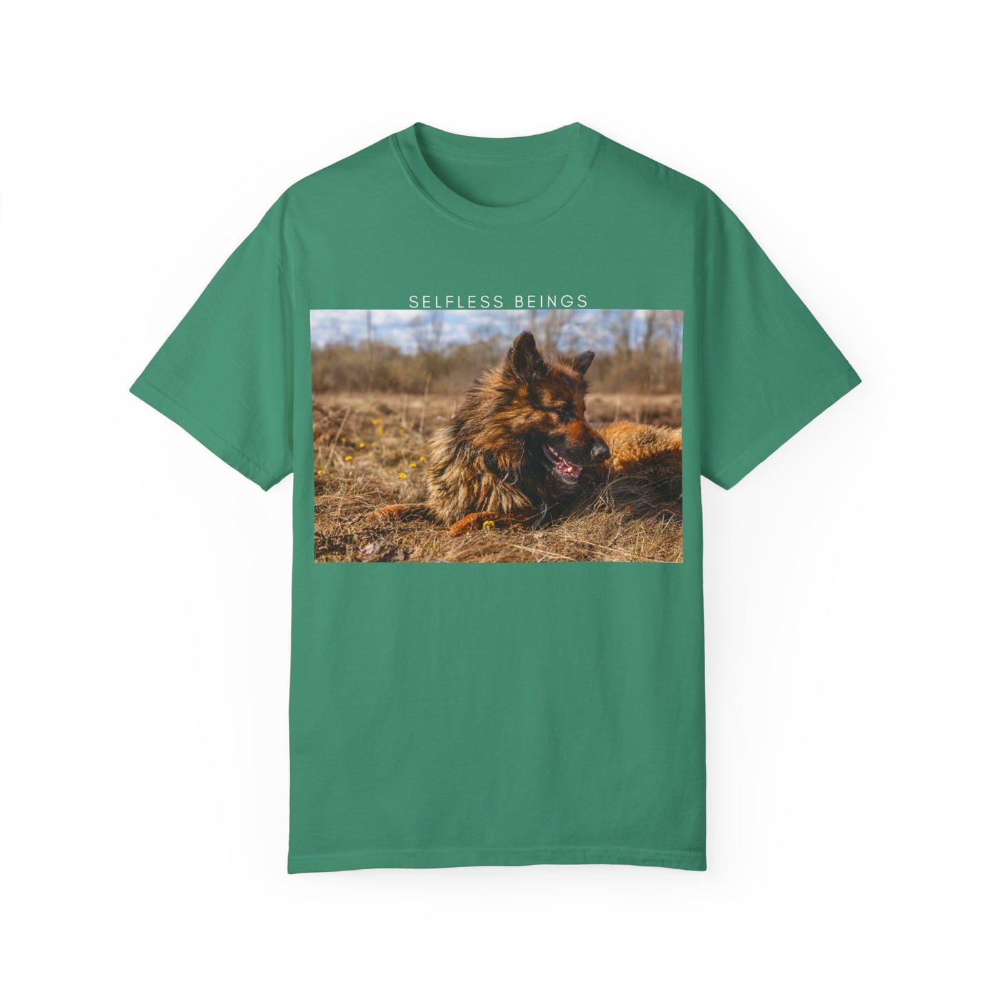 Unisex Dog Lover T-Shirt With a German Shepherd Lying on the Dry Grass in Spring and Caption Selfless Beings