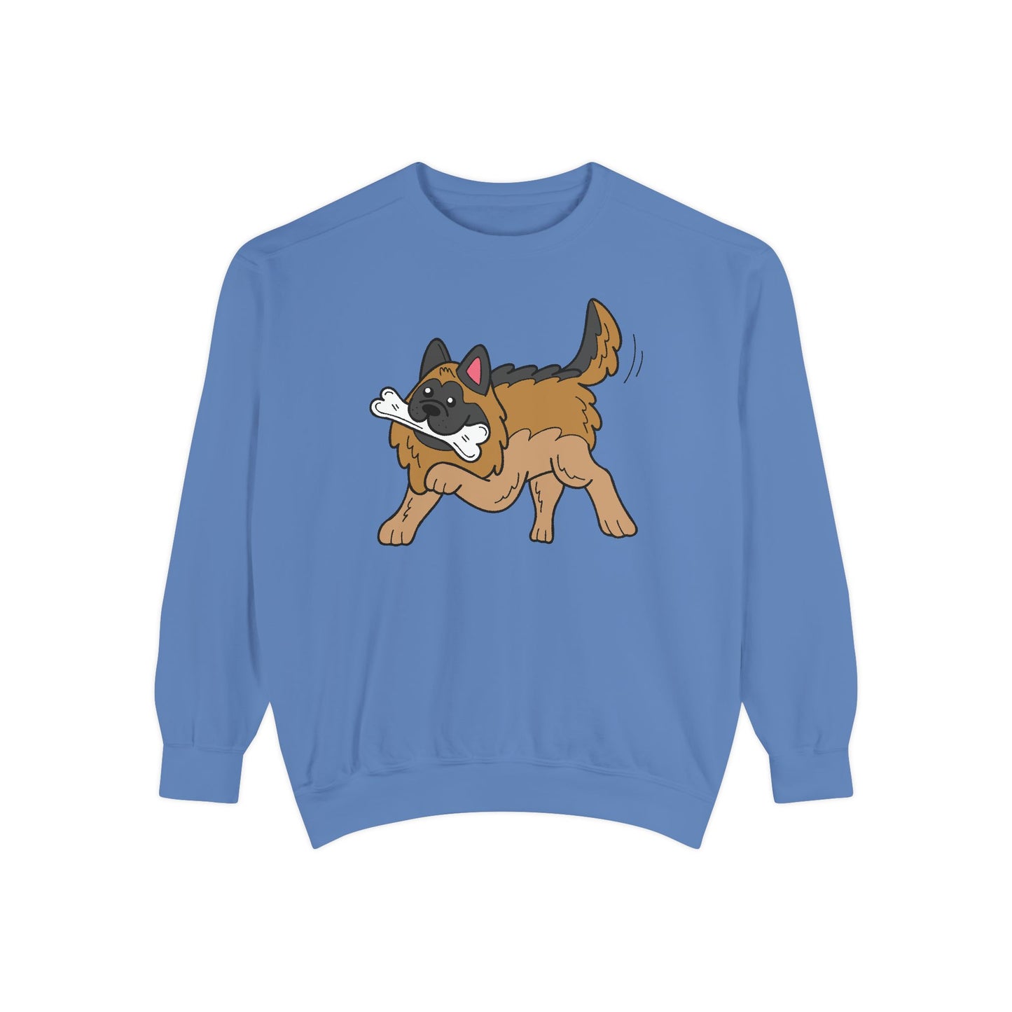 Unisex Dog Lover Sweatshirt With a Graphic of a German Shepherd Holding a White Bone in Mouth