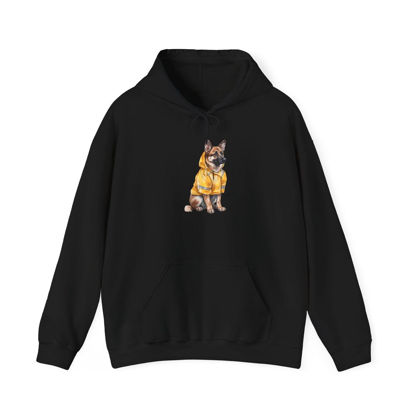 Unisex Dog Lover Hoodie With a Graphic of German Shepherd Wearing a Yellow Rain Coat