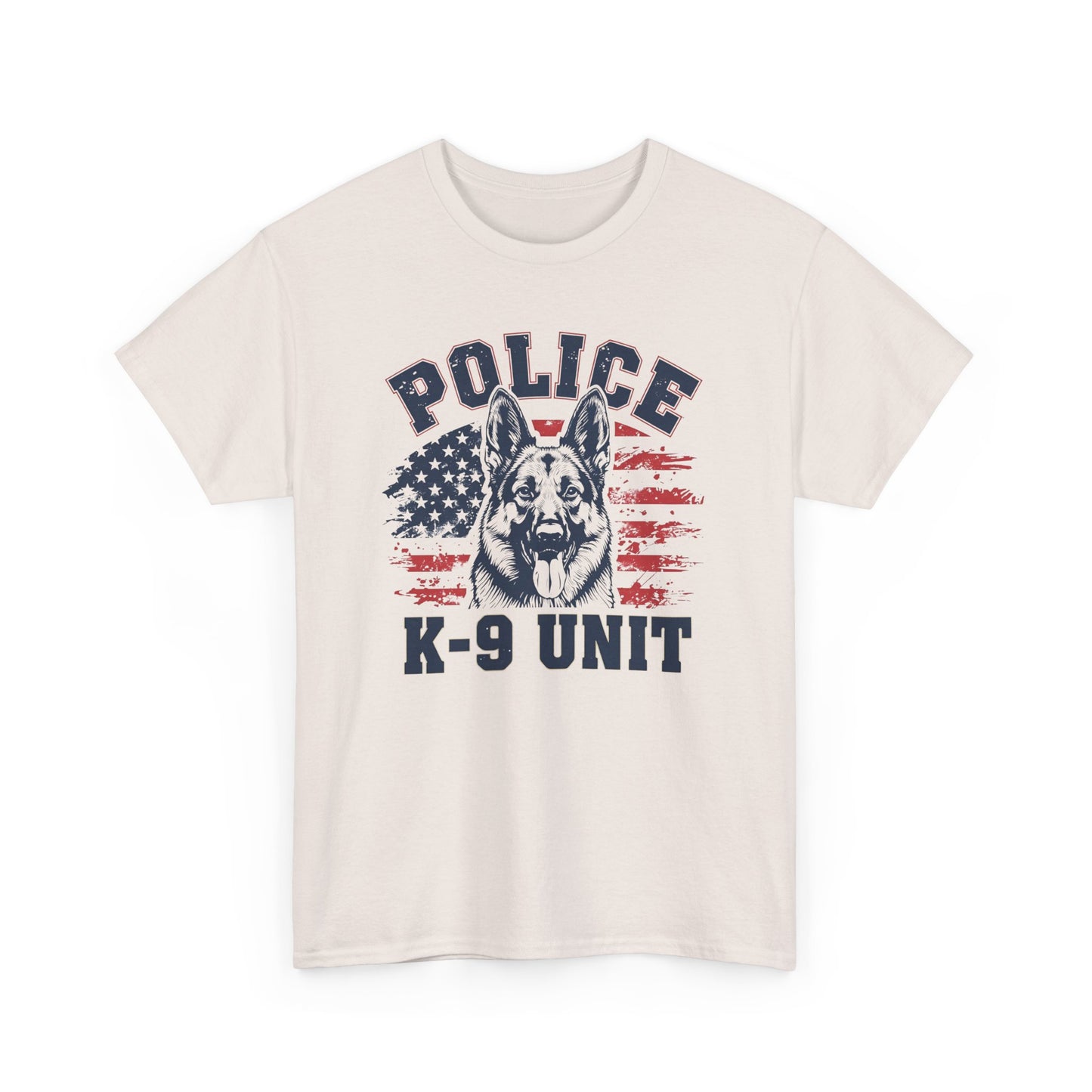 Patriotic Police K-9 Unit T-Shirt With American Flag in Background, Unisex Heavy Cotton Tee