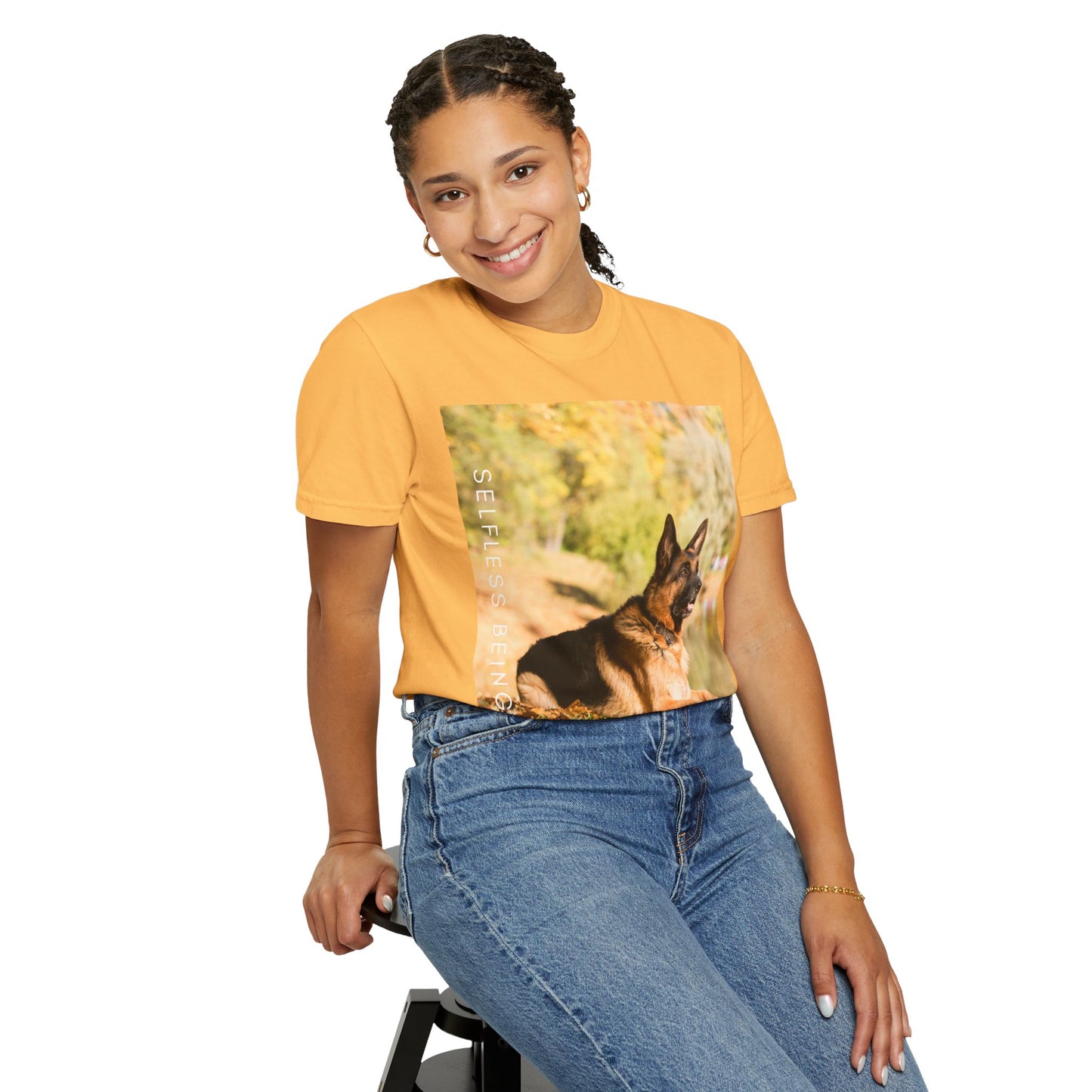 Unisex Dog Lover T-Shirt With a German Shepherd Resting in the Autumn Park on Leaves Near a Pond and Caption Selfless Beings