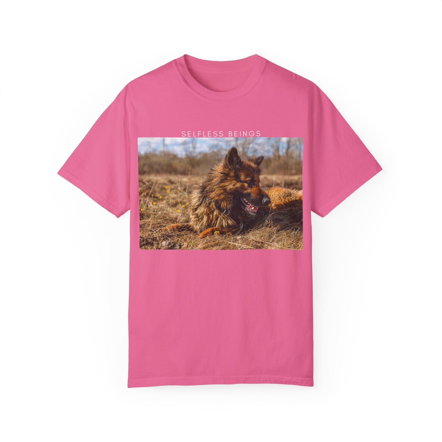 Unisex Dog Lover T-Shirt With a German Shepherd Lying on the Dry Grass in Spring and Caption Selfless Beings