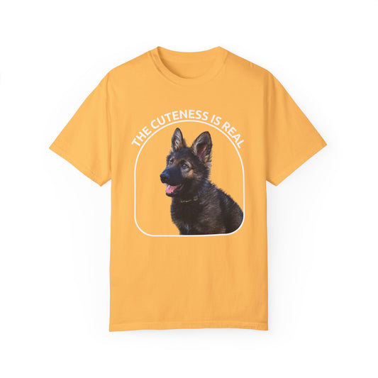 Unisex Dog Lover's T-Shirt With German Shepherd Puppy Sloppily Sitting and Caption The Cuteness Is Real