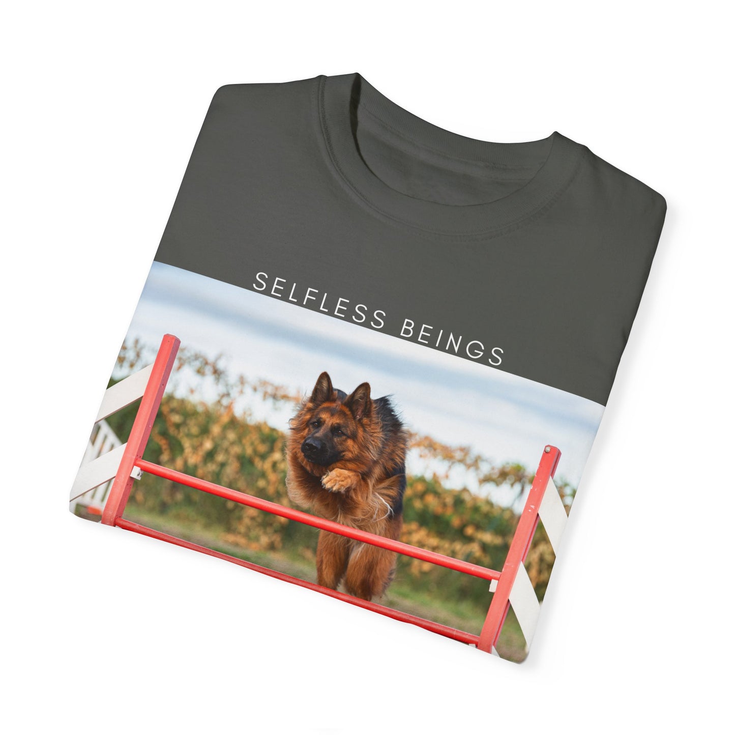 Unisex Dog Lover T-Shirt With a German Shepherd Jumping an Agility Fence Outdoor and Caption Selfless Beings