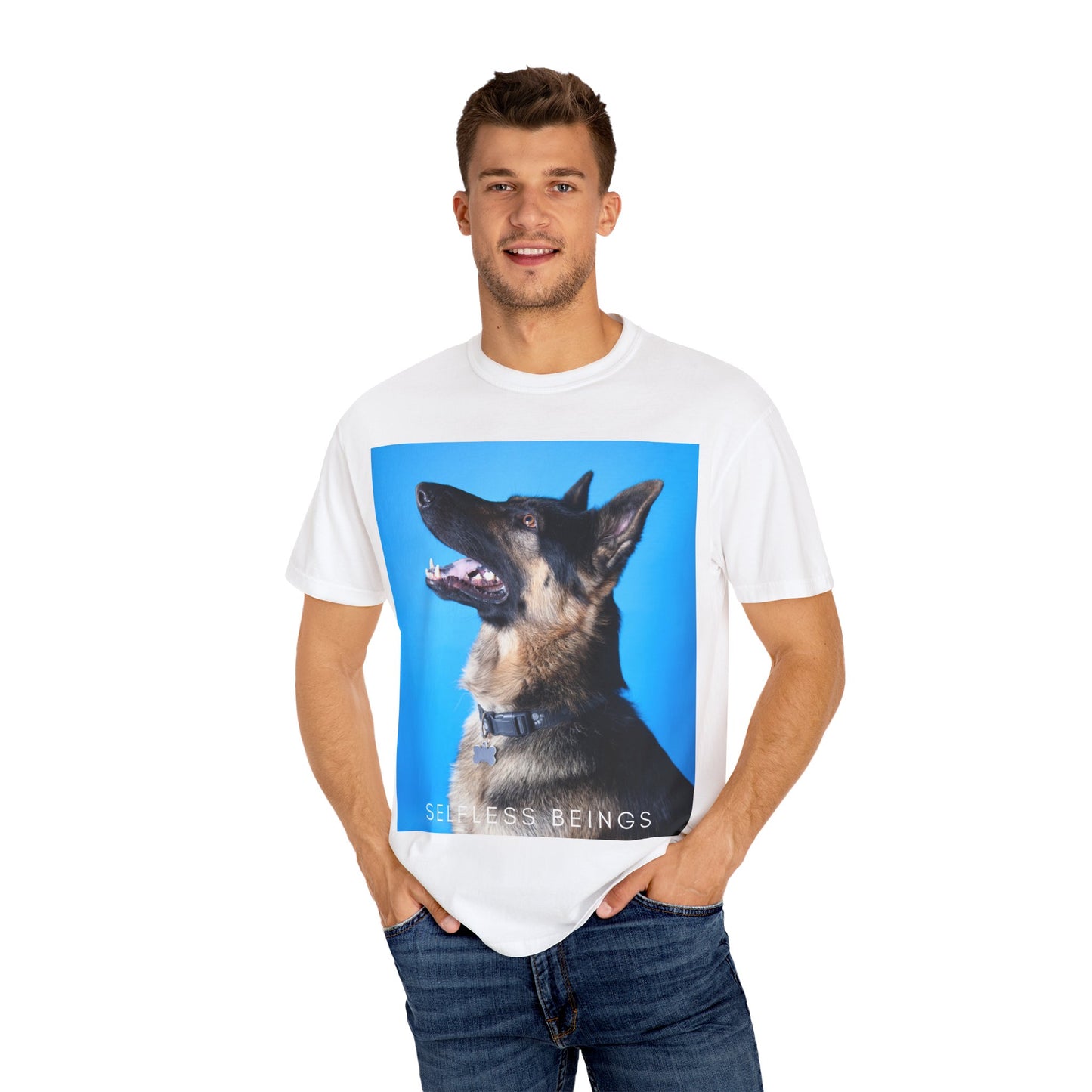 Unisex Dog Lover T-Shirt With Close Up Portrait of German Shepherd from Side Angle, Having Blue Background and Caption Selfless Beings