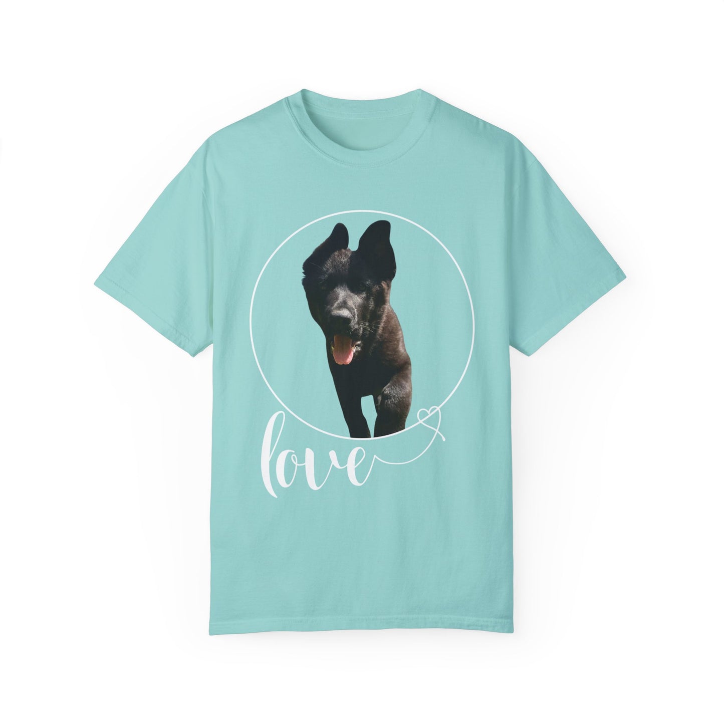 Unisex Dog Lover T-Shirt With Solid Black German Shepherd Walking On a Grass and Text Love