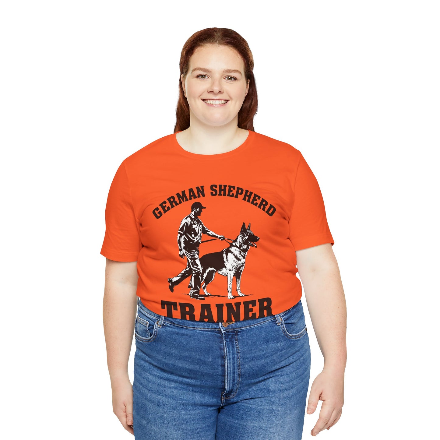 German Shepherd Trainer Tee - Black and White Design of Man Holding a German Shepherd