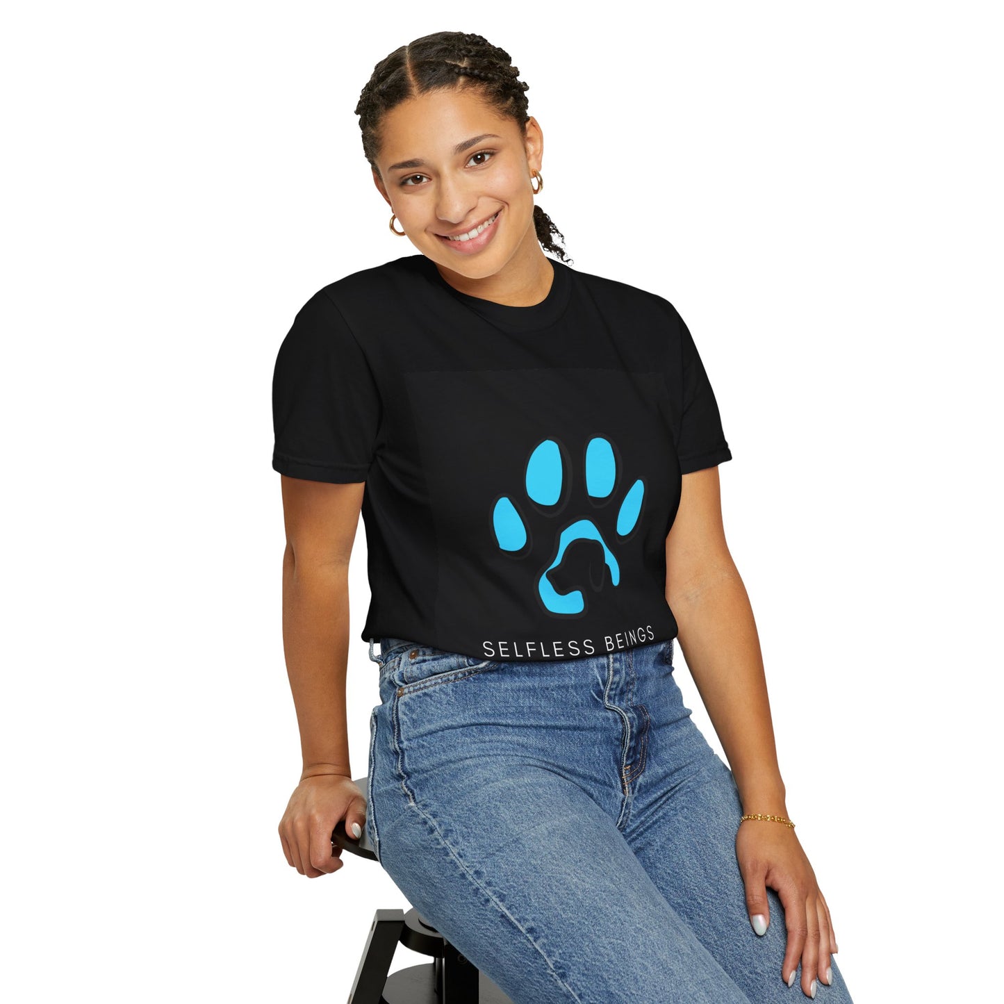 Unisex Dog Lover T-Shirt With Graphic of Blue Colored Dog Paw's Print Whose Metacarpal Contains a Design of Black Dog and Caption Selfless Beings Below