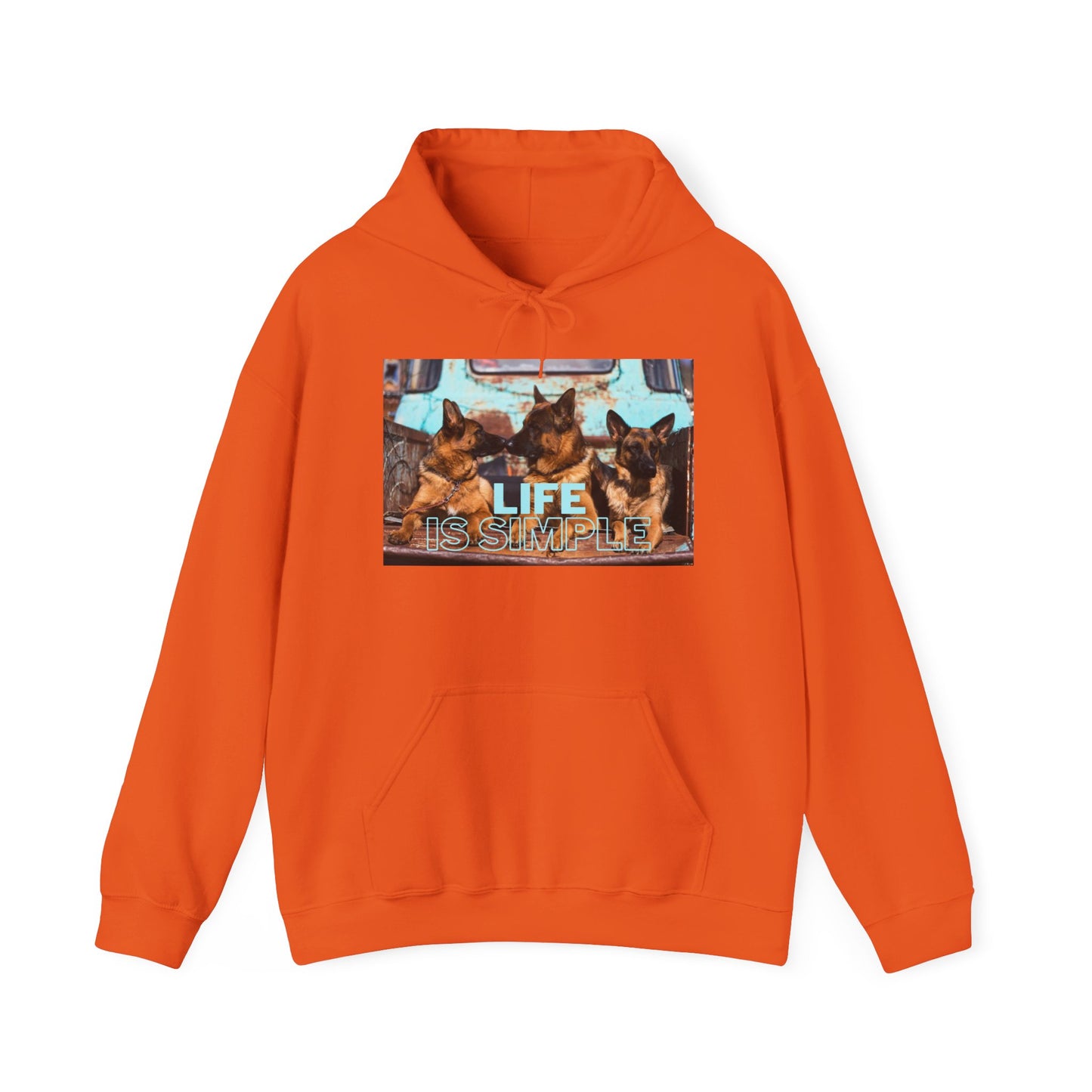 Unisex Dog Lover Hoodie With Three German Shepherds Sitting on the Truck's Cargo Bed and Caption Life is Simple