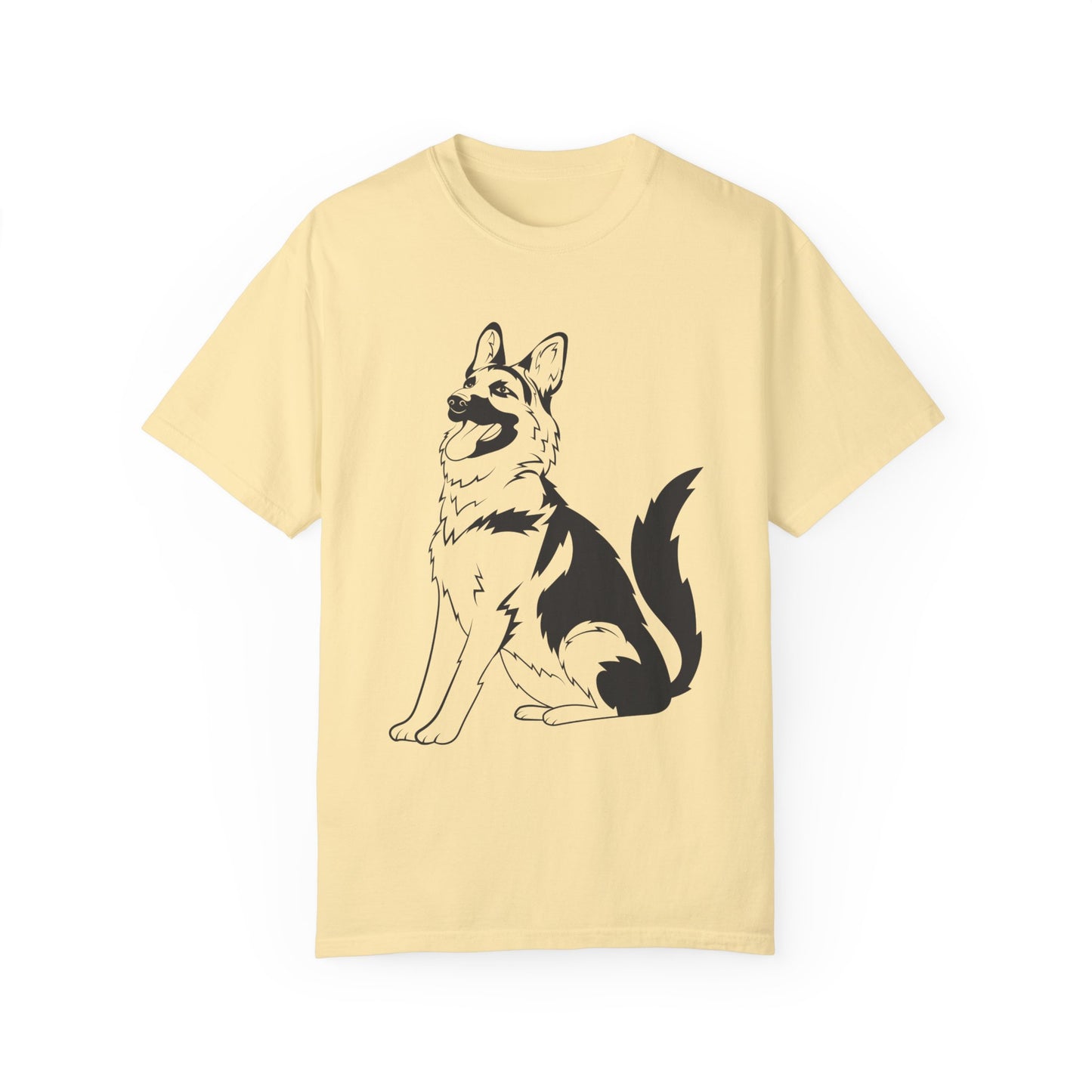 Unisex Dog Lover T-Shirt With a Graphic of Black and Transparent German Shepherd Sloppily Sitting