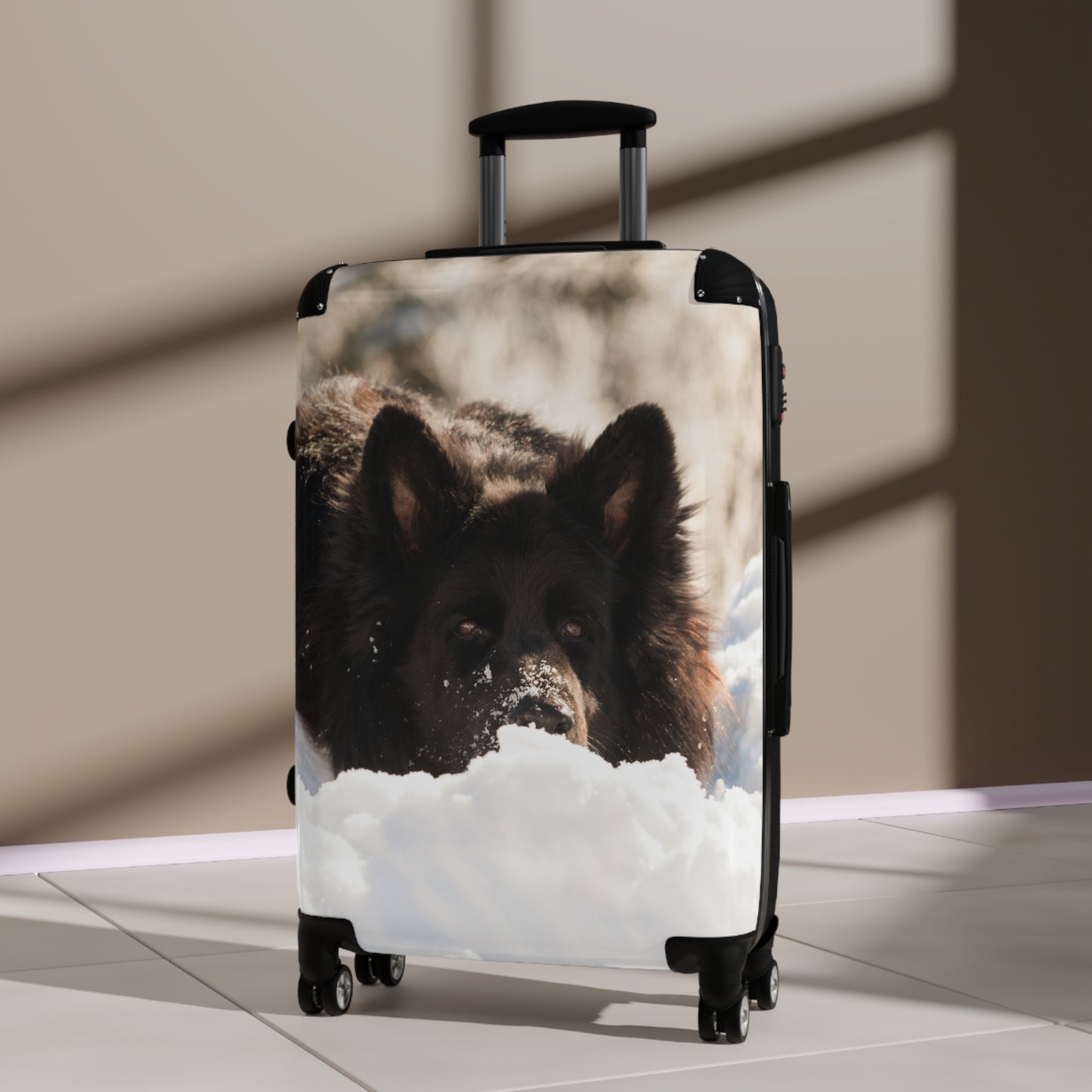 Winter Wonderland Dog Suitcase - A Giant Black German Shepherd Resting on the Snow