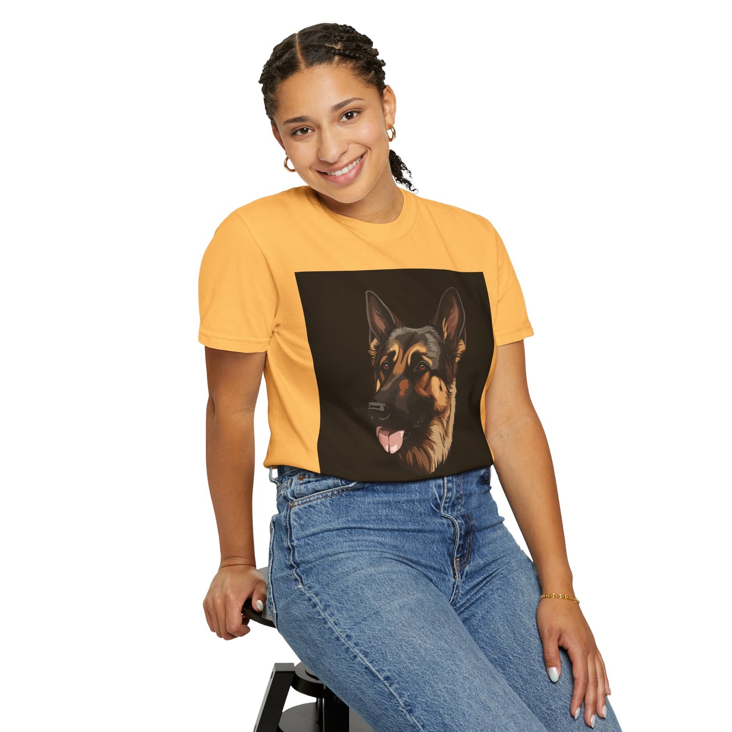 Unisex Dog Lover T-Shirt With Close Up Graphic of German Shepherd and Caption Selfless Beings is Written with Text Effect in Light Orange