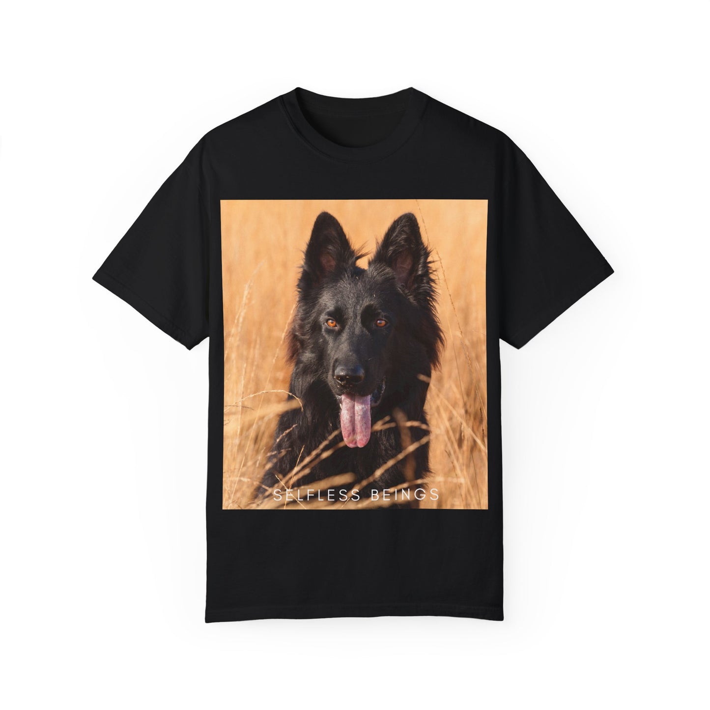 Unisex Dog Lover T-Shirt With Solid Black German Shepherd in the Middle of Long Dry Grass Leaving Tongue and Caption Selfless Beings